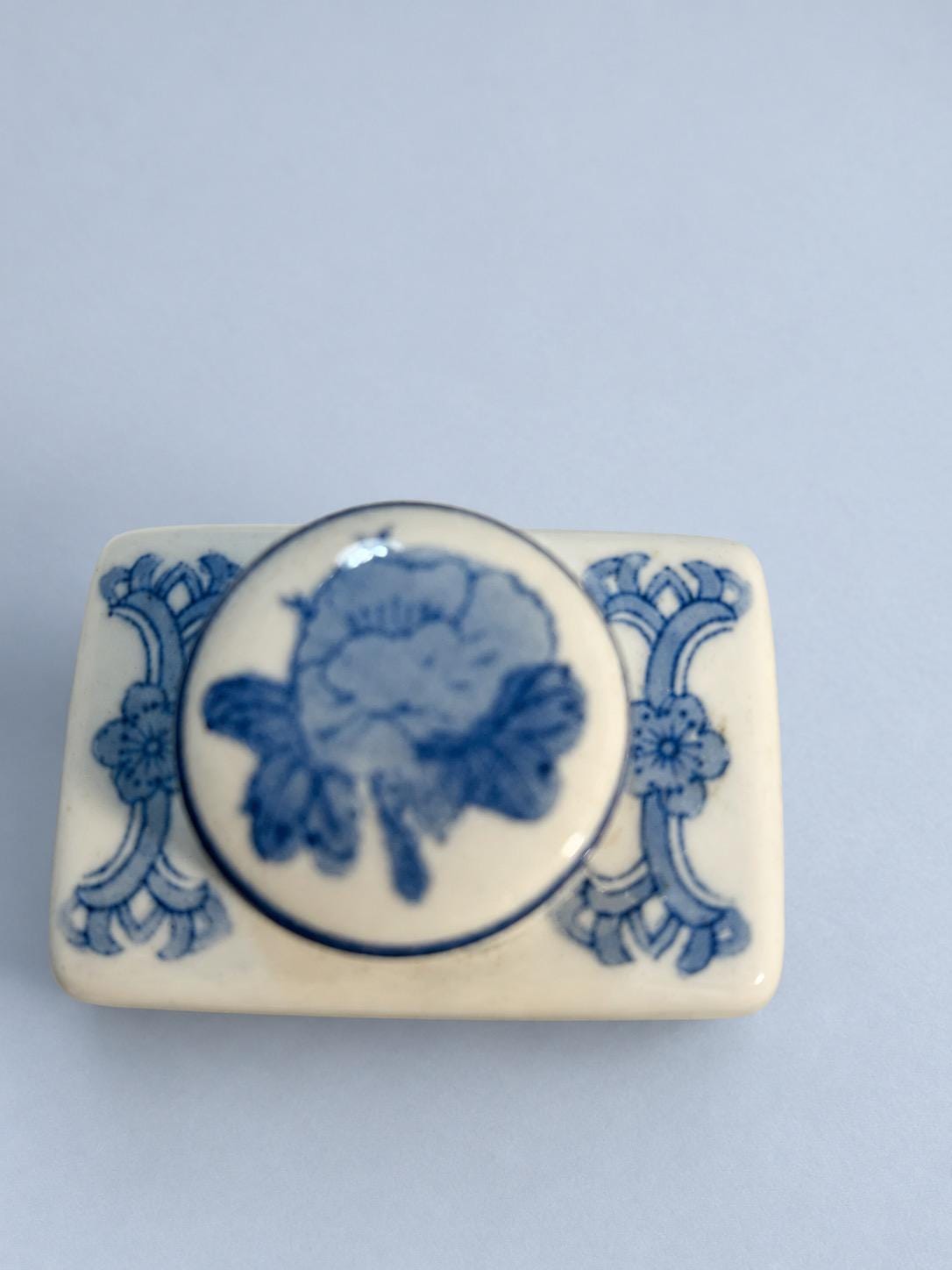 Vintage Small Blue and White Glazed Ceramic Lidded Pot, Chinoiserie Style Landscape Decoration