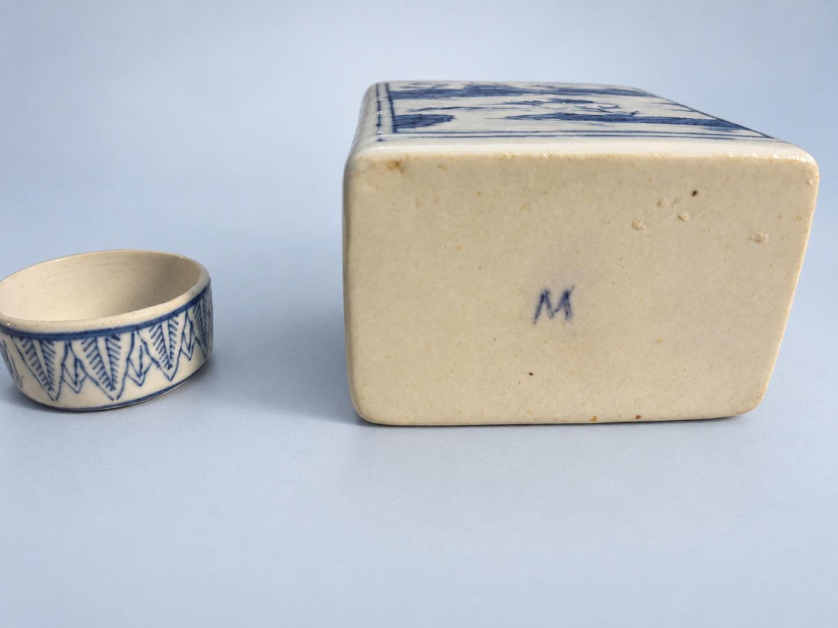 Vintage Small Blue and White Glazed Ceramic Lidded Pot, Chinoiserie Style Landscape Decoration