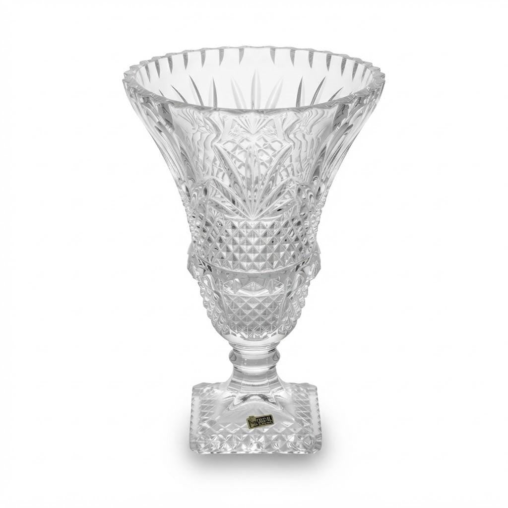 Vintage Large Cut Glass Trumpet Vase on Square Pedestal Foot, Fan and Diamond Cut Pattern