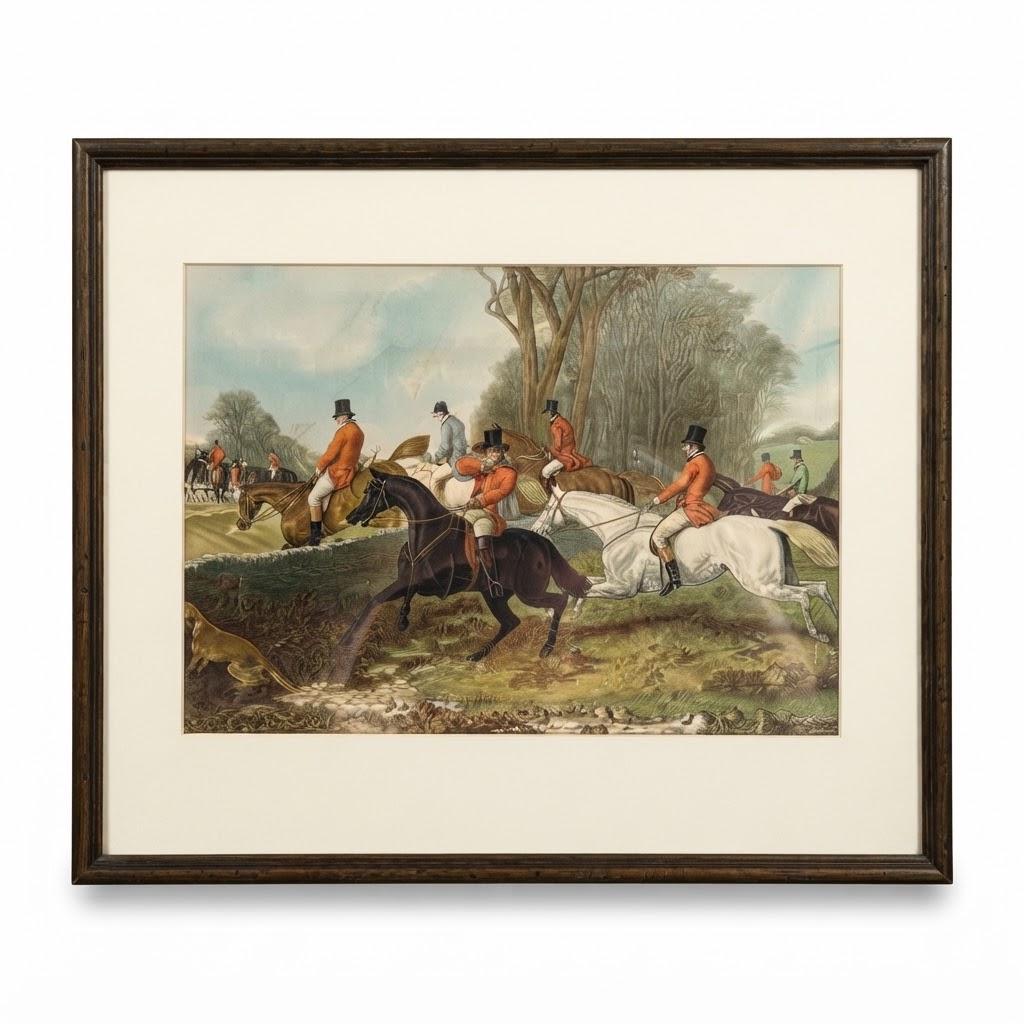 Vintage Framed Equestrian Hunt Print, Riders and Deer in Woodland, Cream Mat and Dark Frame, 48 x 39 cm