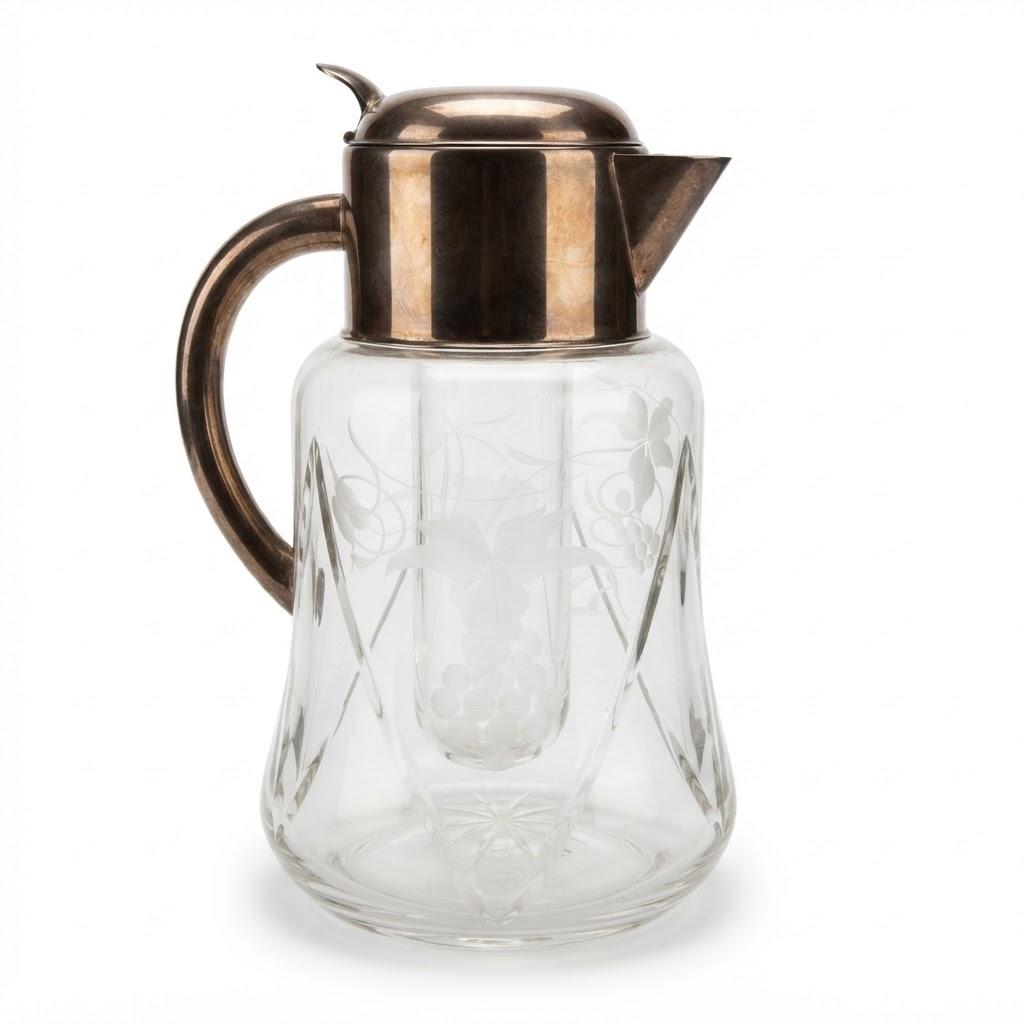 Vintage Ice Core Pitcher, Cut and Engraved Glass with Grape Vine Decoration, Silver-Tone Hinged Lid and Handle