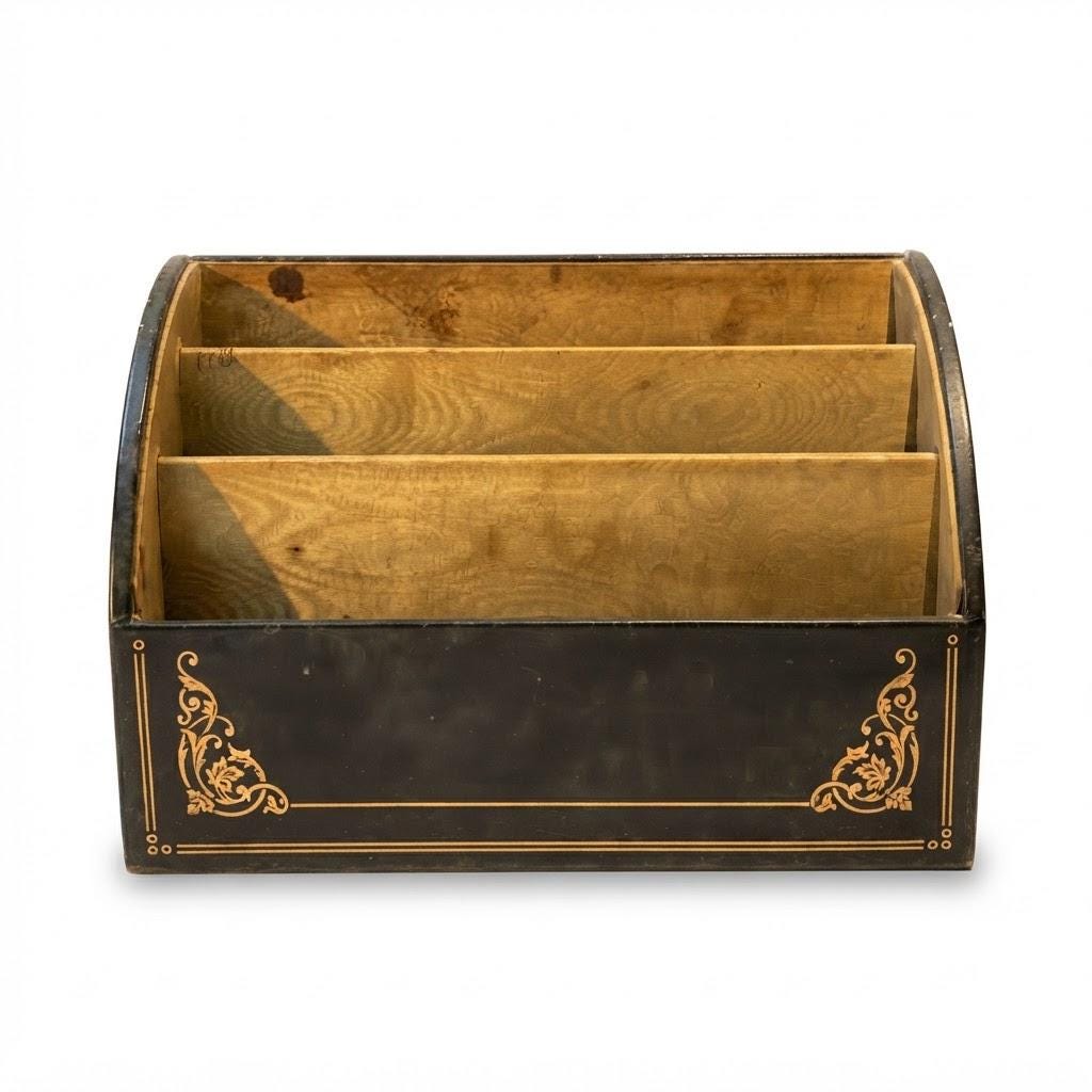 Vintage Green Leather Desk Letter Organizer with Gilt Tooled Scrolls, Three Tiered Compartments