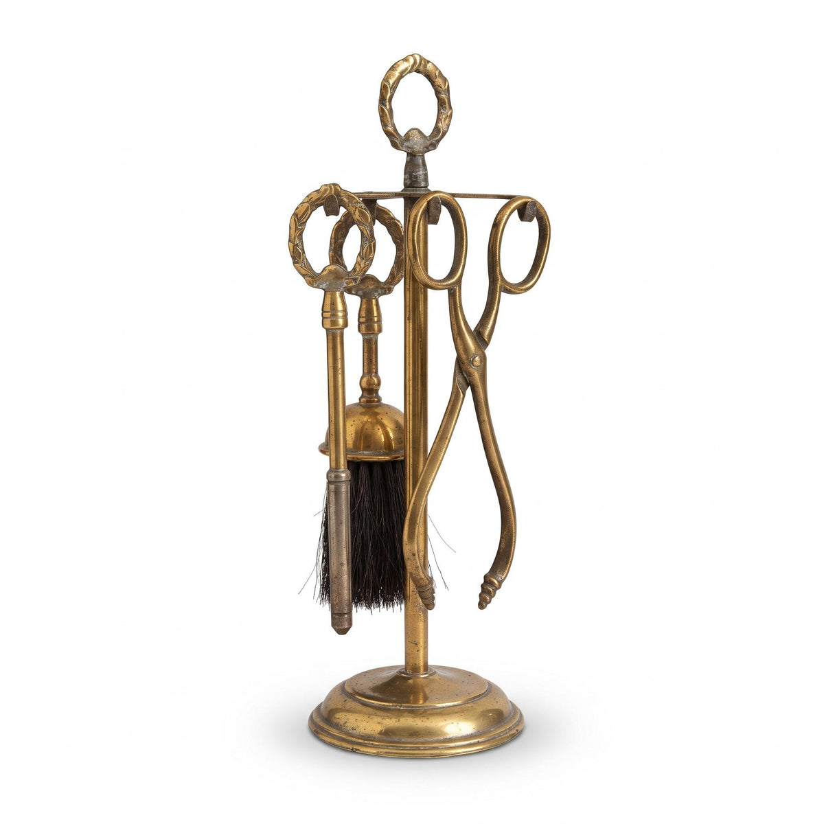 Vintage Small Empire Style Brass-Tone Fireside Companion Set with Laurel Wreath Handles, Stand, Brush, Poker and Tongs