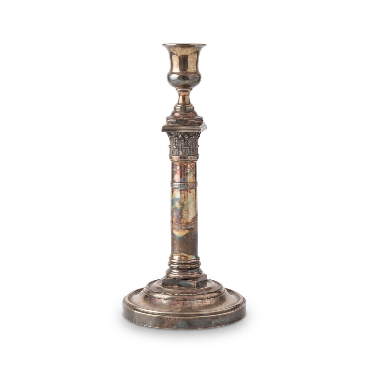 Vintage Empire Style Silver-Tone Column Candlestick with Leaf Capital, Urn Cup and Beaded Round Base