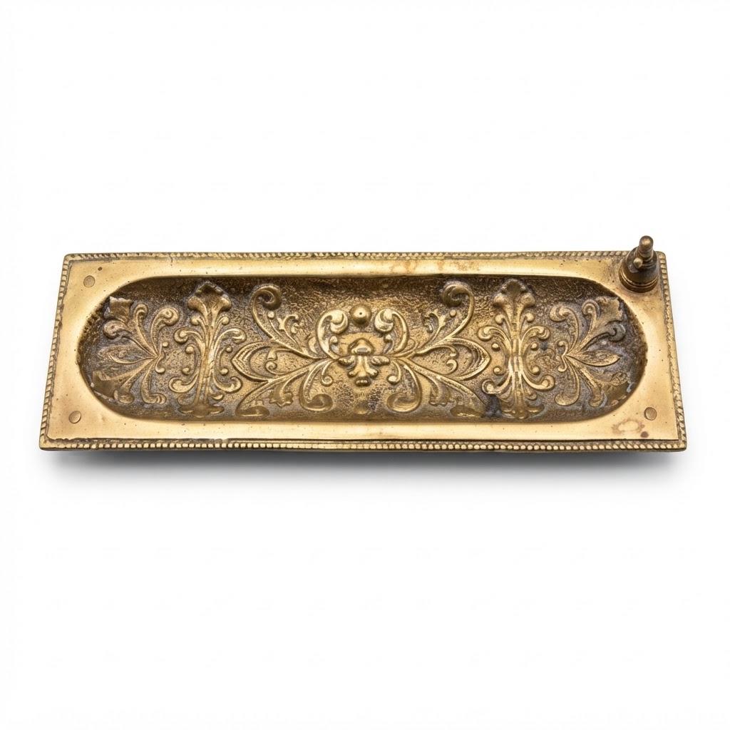 Vintage Brass Tone Pen Tray with Ornate Scroll Relief and Beaded Rim, Rectangular Footed Desk Vide Poche, 19.6 cm