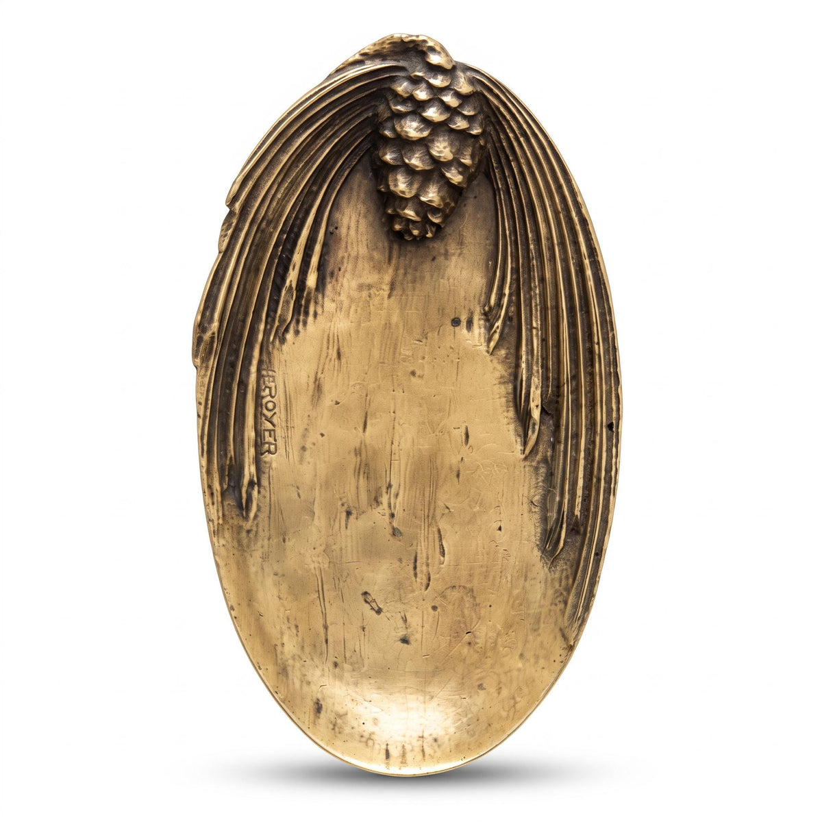 Vintage Leroyer Gilt Metal Pine Cone Trinket Dish, Naturalist Pine Branch in Relief, Signed