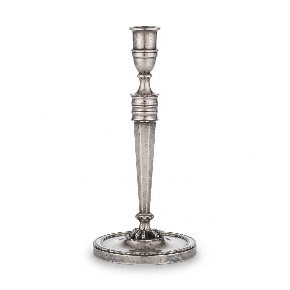 Vintage Empire Style Silver-Tone Candlestick with Tapering Shaft, Ringed Collar and Beaded Round Base
