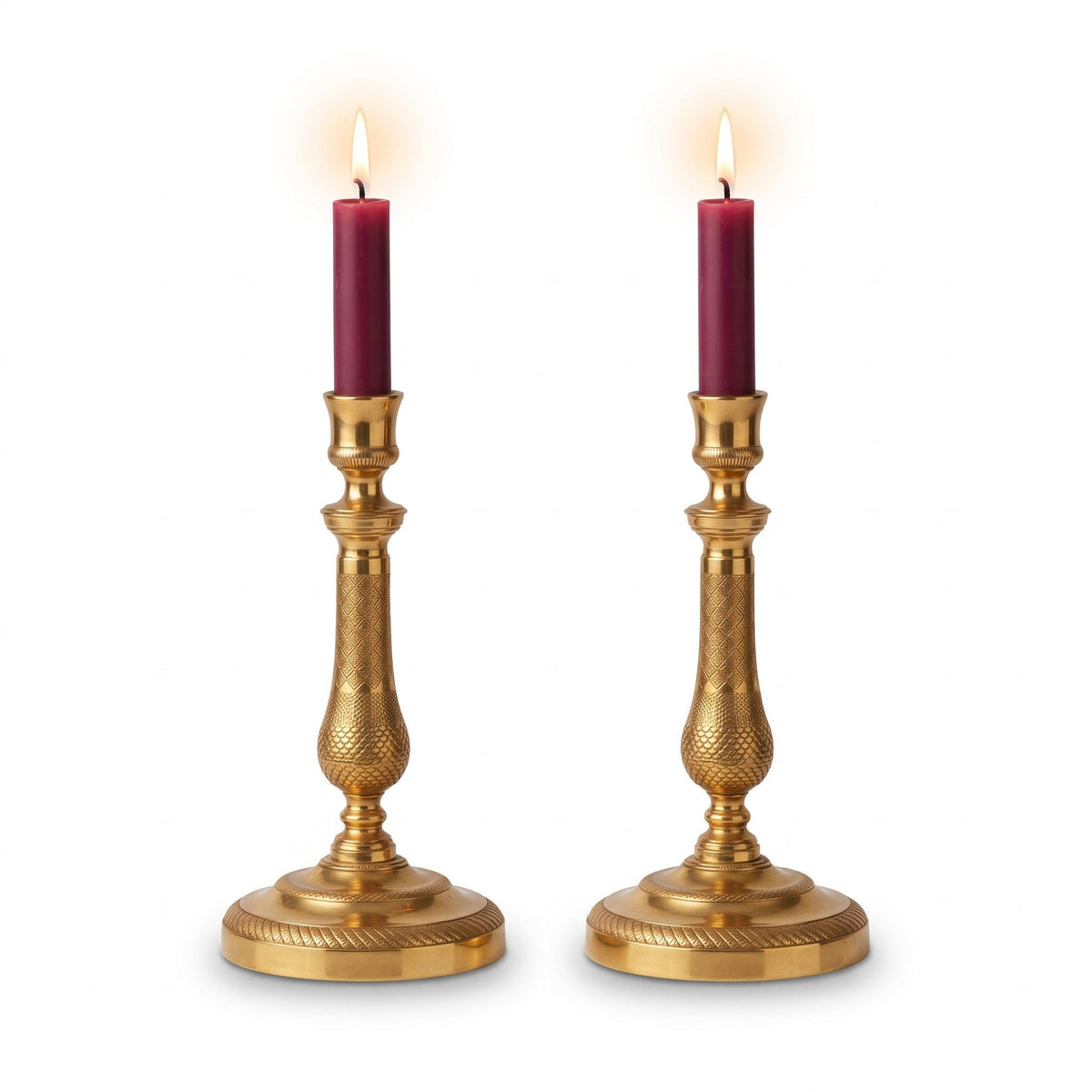 Antique Pair of Restauration Style Brass-Tone Candlesticks, Chased Diaper Pattern Baluster Shafts, Mid 19th Century
