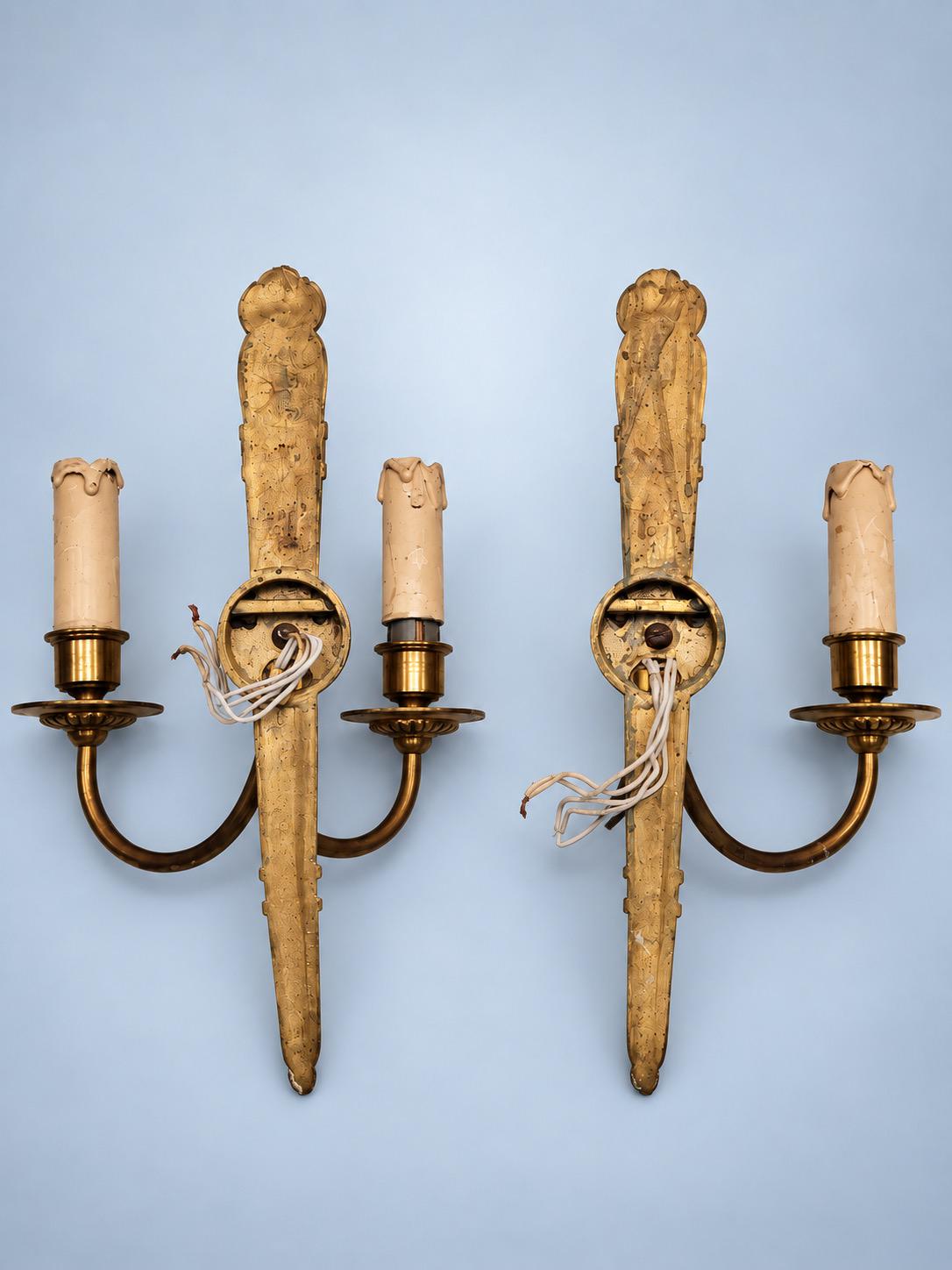 Vintage Pair of Louis XVI Style Gilt Metal Two-Arm Wall Sconces, Torch Back Plates with Rosettes and Swan-Neck Arms