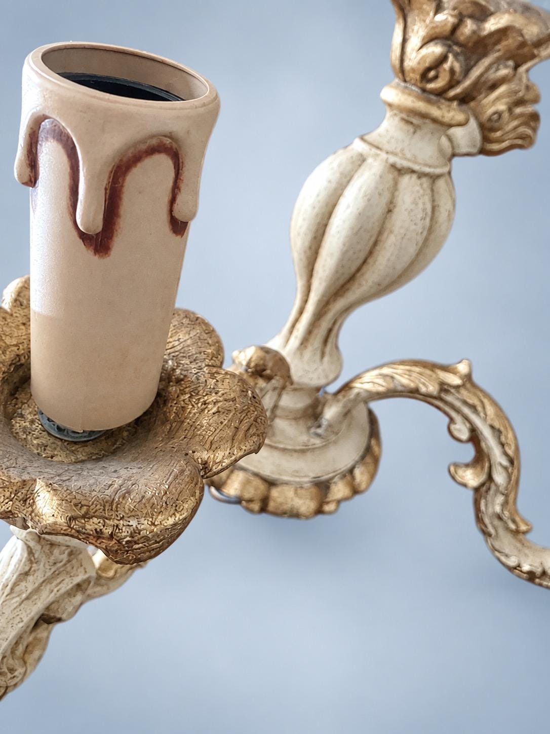 Vintage Pair of Classic Style Wooden Wall Sconces in Beige with Gold-Tone Finish