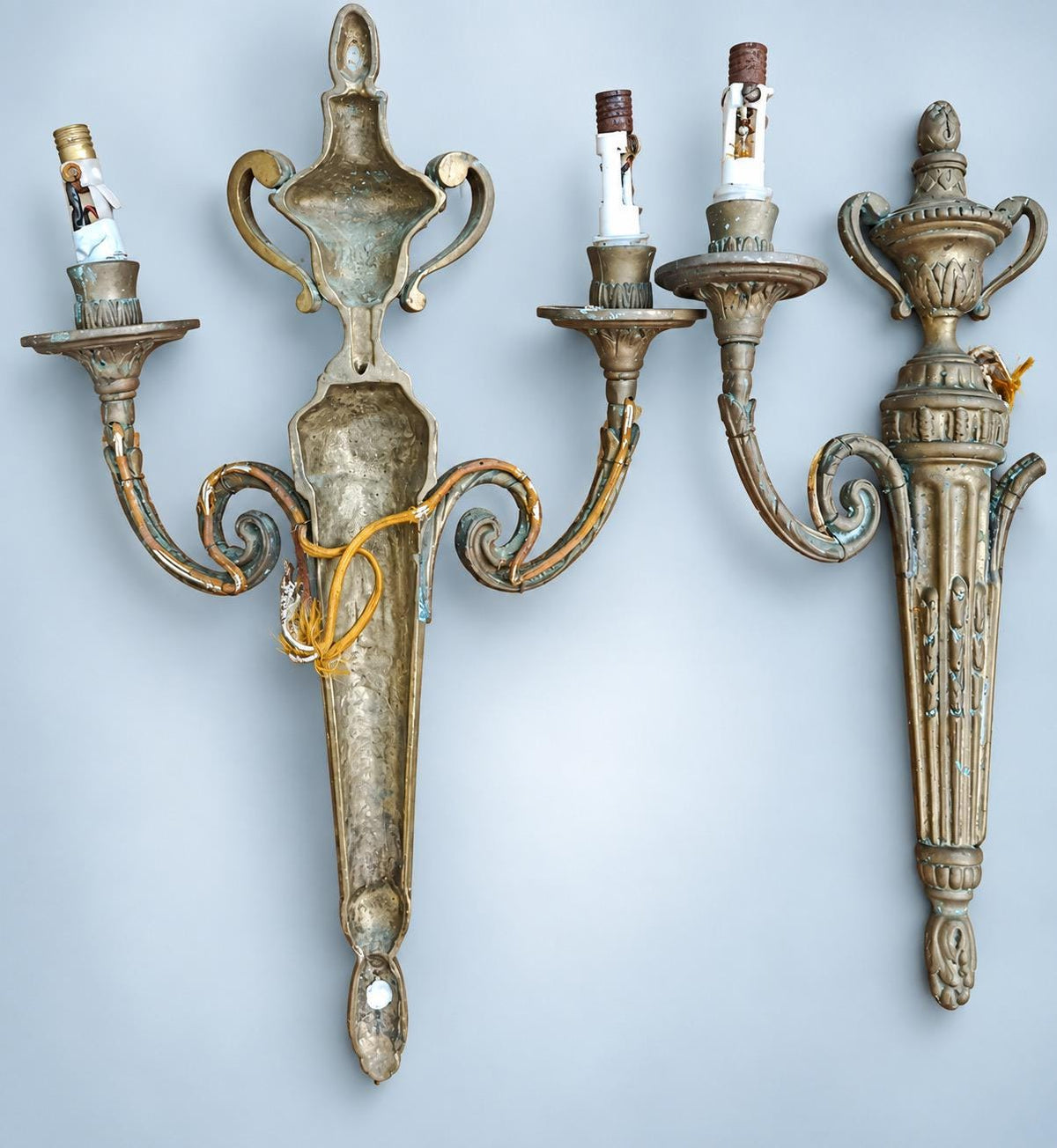 Antique Pair of Large Transition Style Bronze-Tone Two-Arm Wall Sconces with Urn Crest