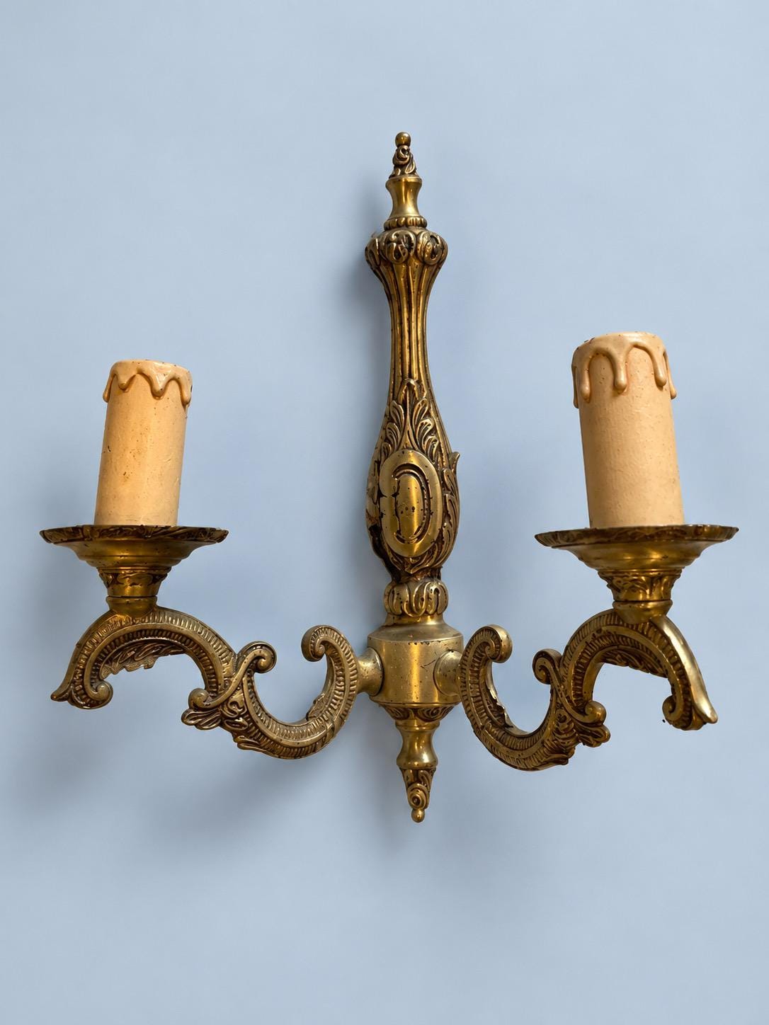 Vintage Pair of Louis XV Style Gilt Metal Two-Arm Wall Sconces with Cartouche Stem