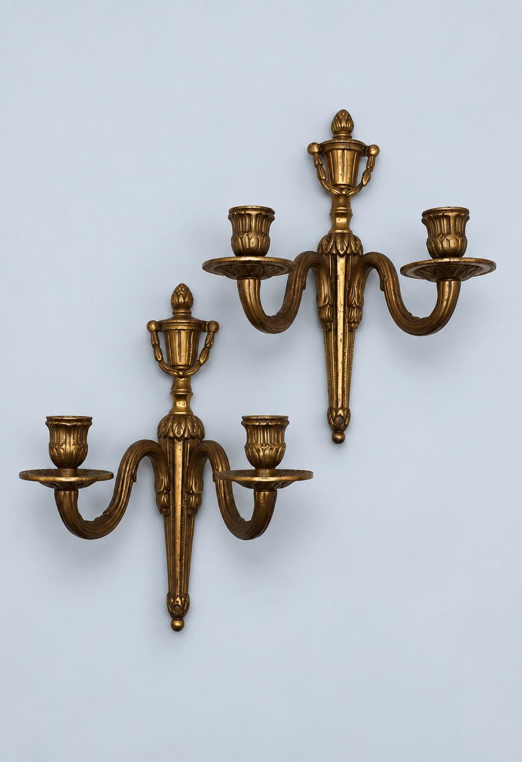 Vintage Pair of Louis XVI Style Gilt Metal Two-Arm Candle Wall Sconces with Urn Crest