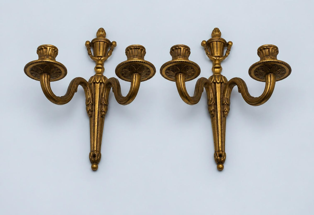 Vintage Pair of Louis XVI Style Gilt Metal Two-Arm Candle Wall Sconces with Urn Crest