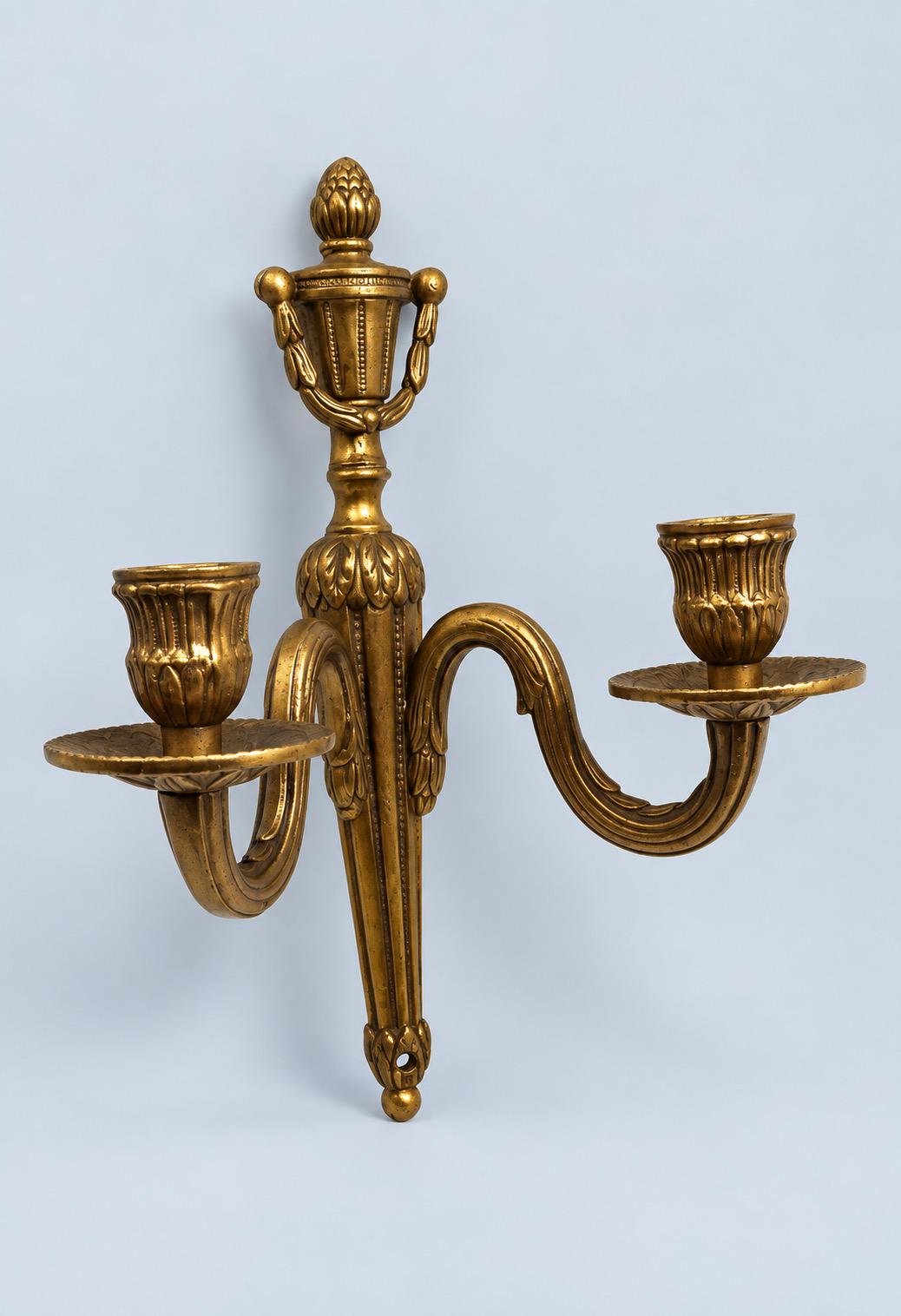 Vintage Pair of Louis XVI Style Gilt Metal Two-Arm Candle Wall Sconces with Urn Crest