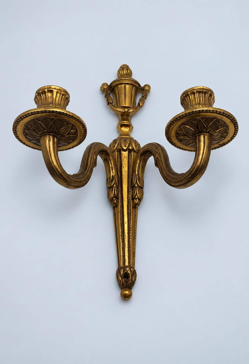 Vintage Pair of Louis XVI Style Gilt Metal Two-Arm Candle Wall Sconces with Urn Crest