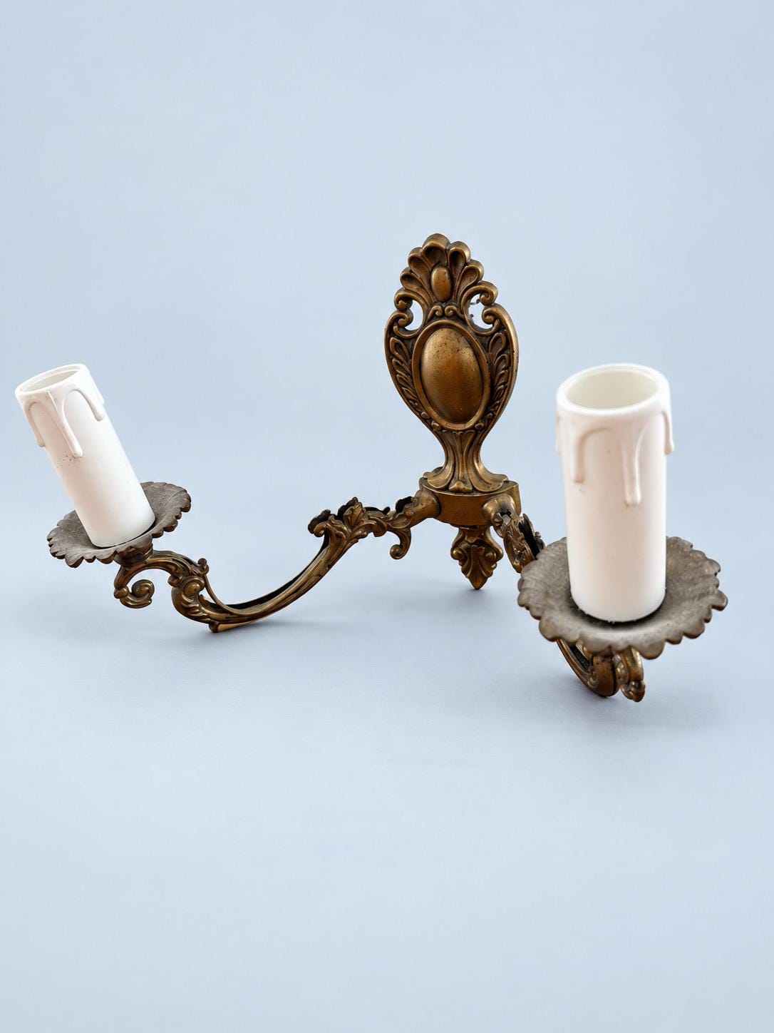 Vintage Pair of Small Louis XV Style Gilt Metal Two-Arm Wall Sconces with Shell Crest