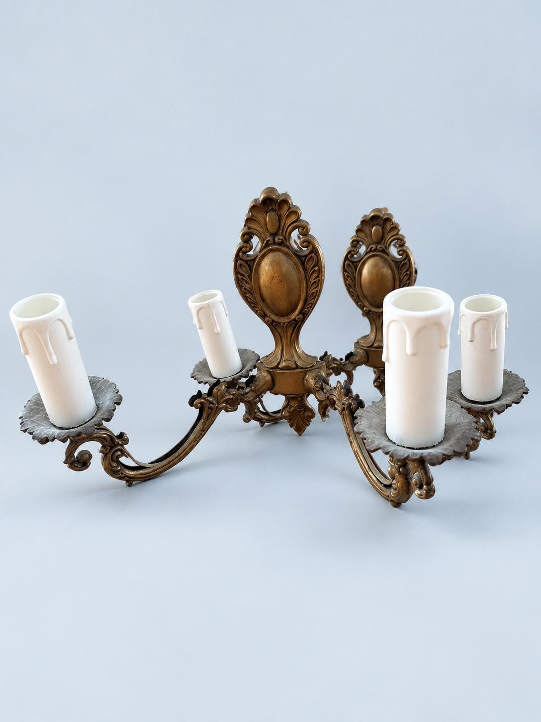 Vintage Pair of Small Louis XV Style Gilt Metal Two-Arm Wall Sconces with Shell Crest