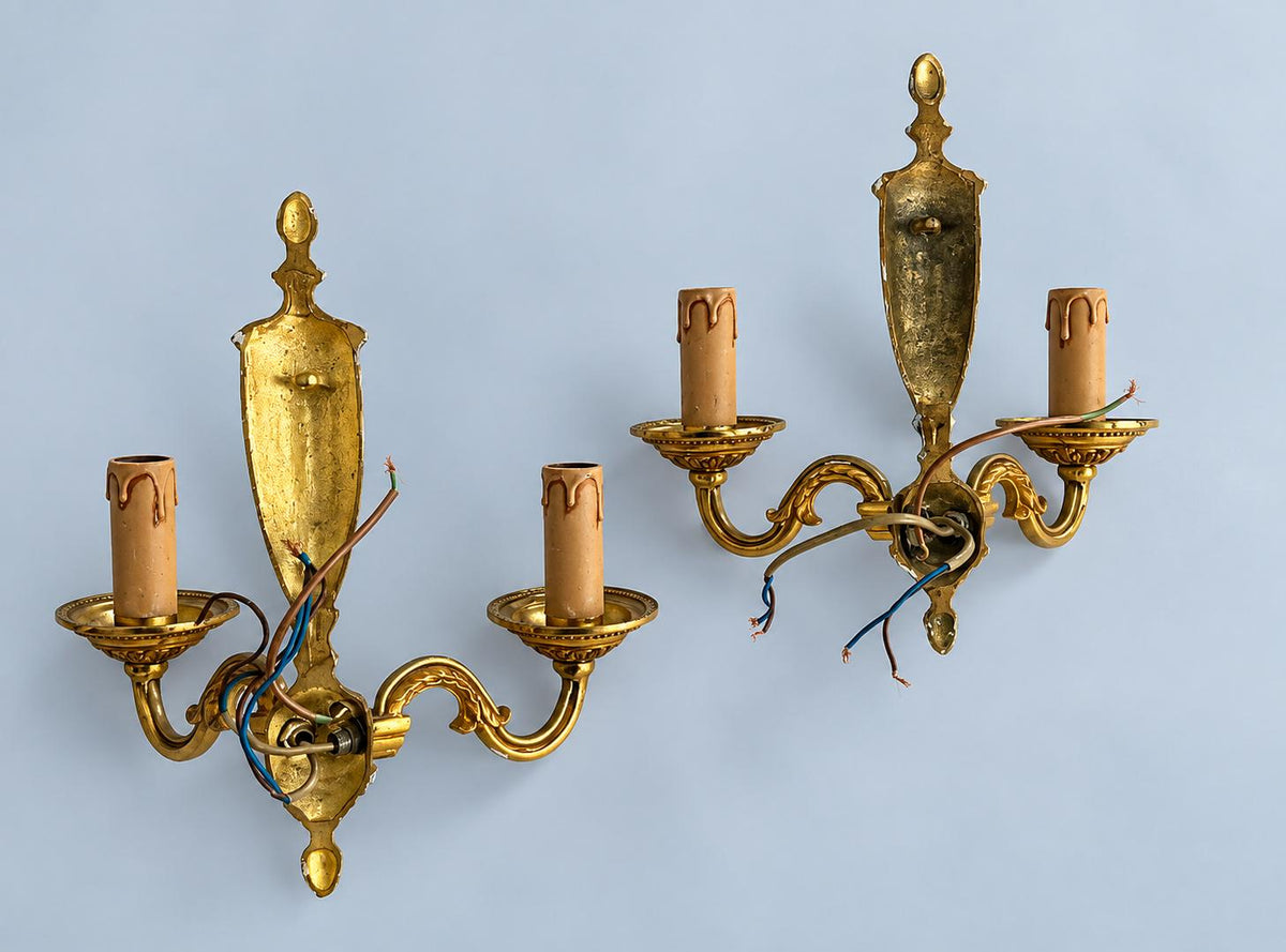 Vintage Pair of French Louis XVI Style Gilt Metal Two-Arm Wall Sconces with Fluted Urn Column