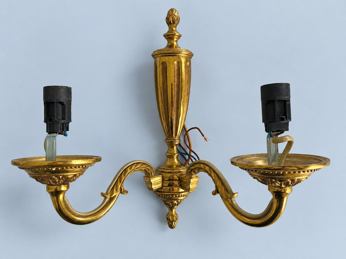 Vintage Pair of French Louis XVI Style Gilt Metal Two-Arm Wall Sconces with Fluted Urn Column