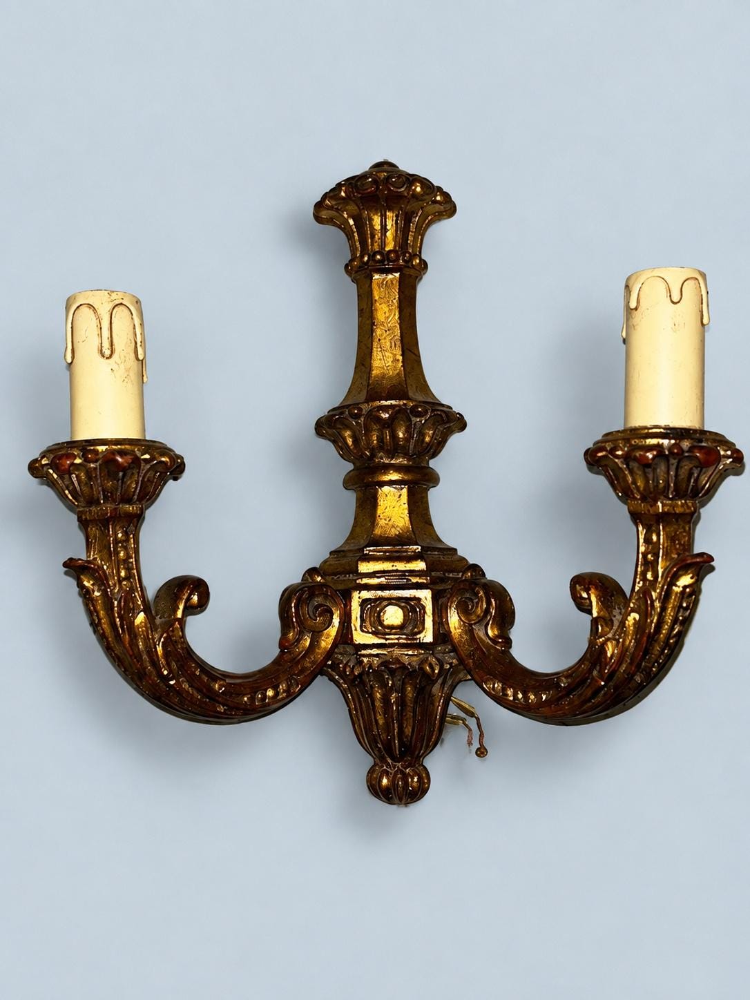 Vintage Pair of Classical Style Antique Gold Finish Two-Arm Wall Sconces with Acanthus Arms
