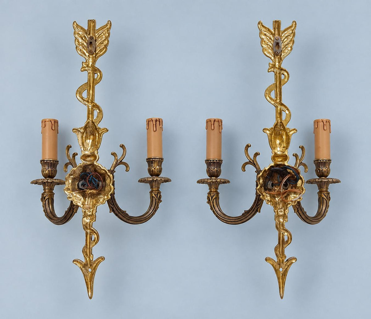 Vintage Pair of Louis XVI Style Gilt Metal Arrow and Ribbon Two-Arm Wall Sconces