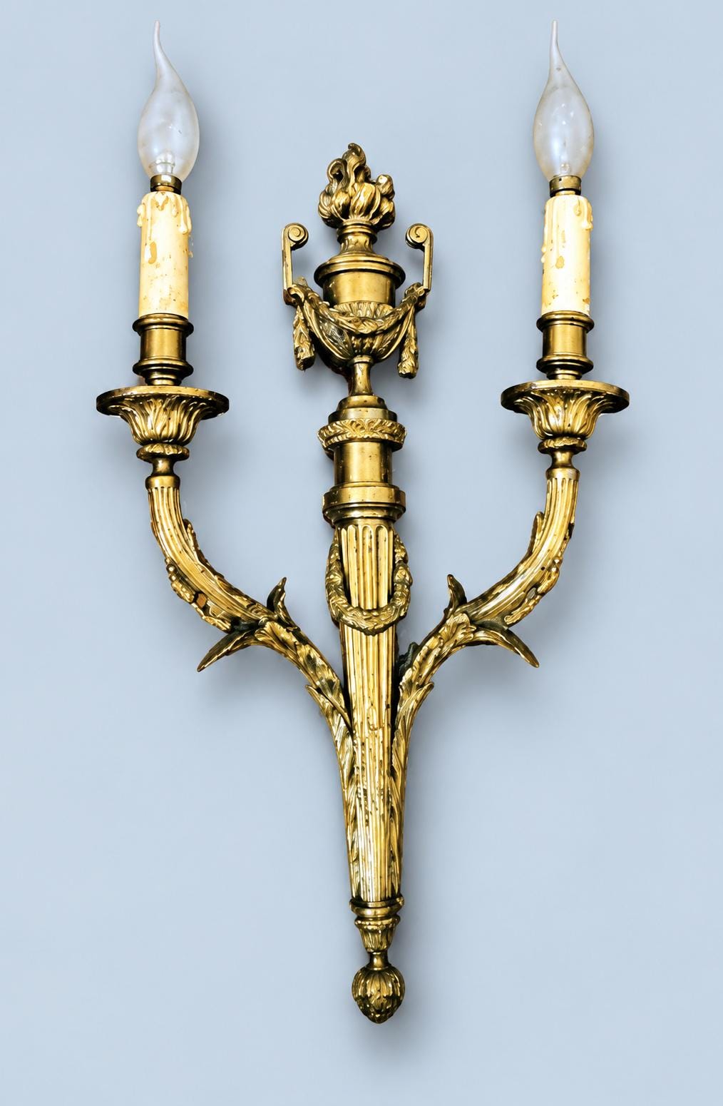 Large Pair of Louis XVI Style Gilt Bronze Wall Sconces, Handled Flame Urns, Fluted Shafts and Sweeping Leaf Arms