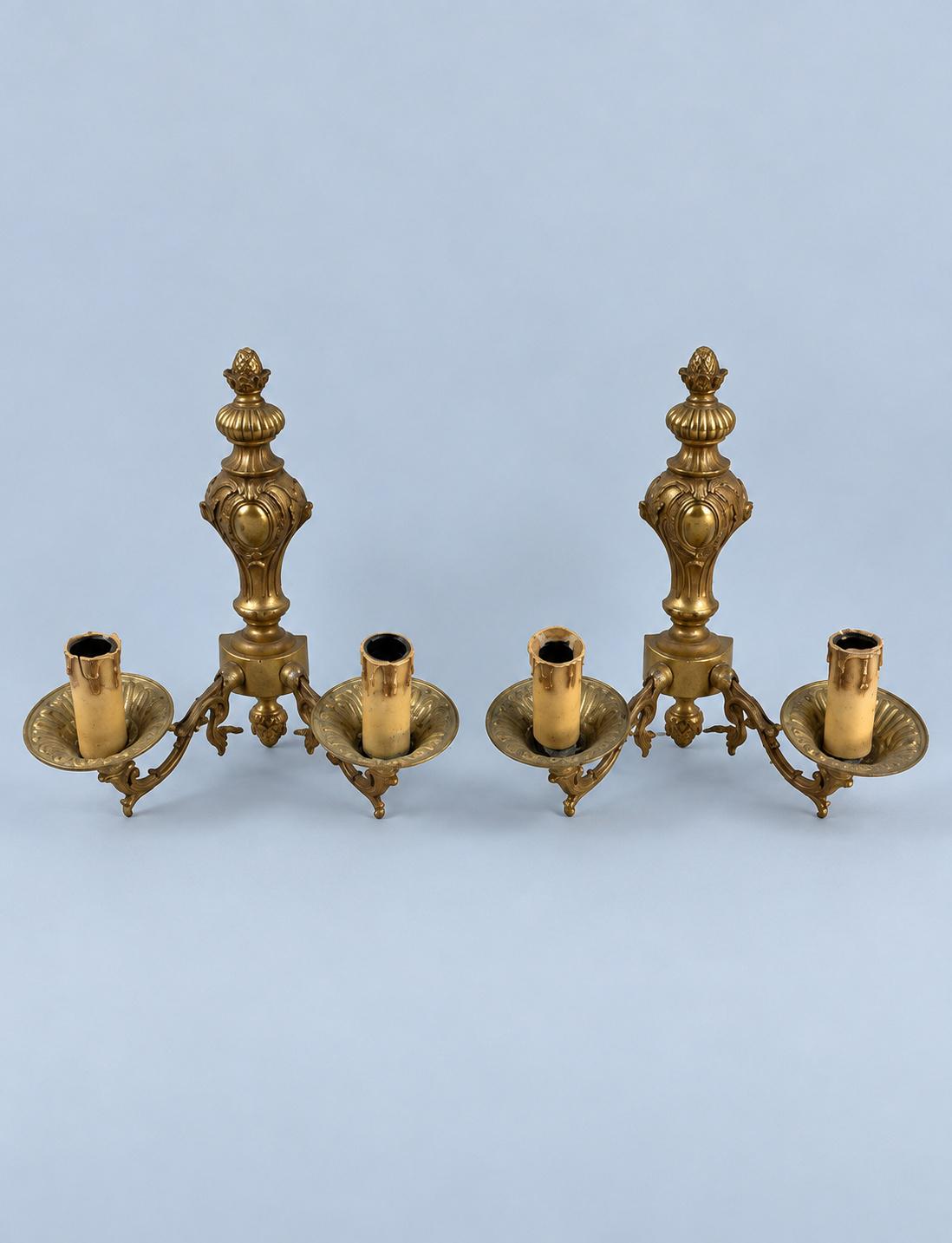 Vintage Pair of Louis XV Style Gilt Metal Two-Arm Wall Sconces with Deep Drip Pans