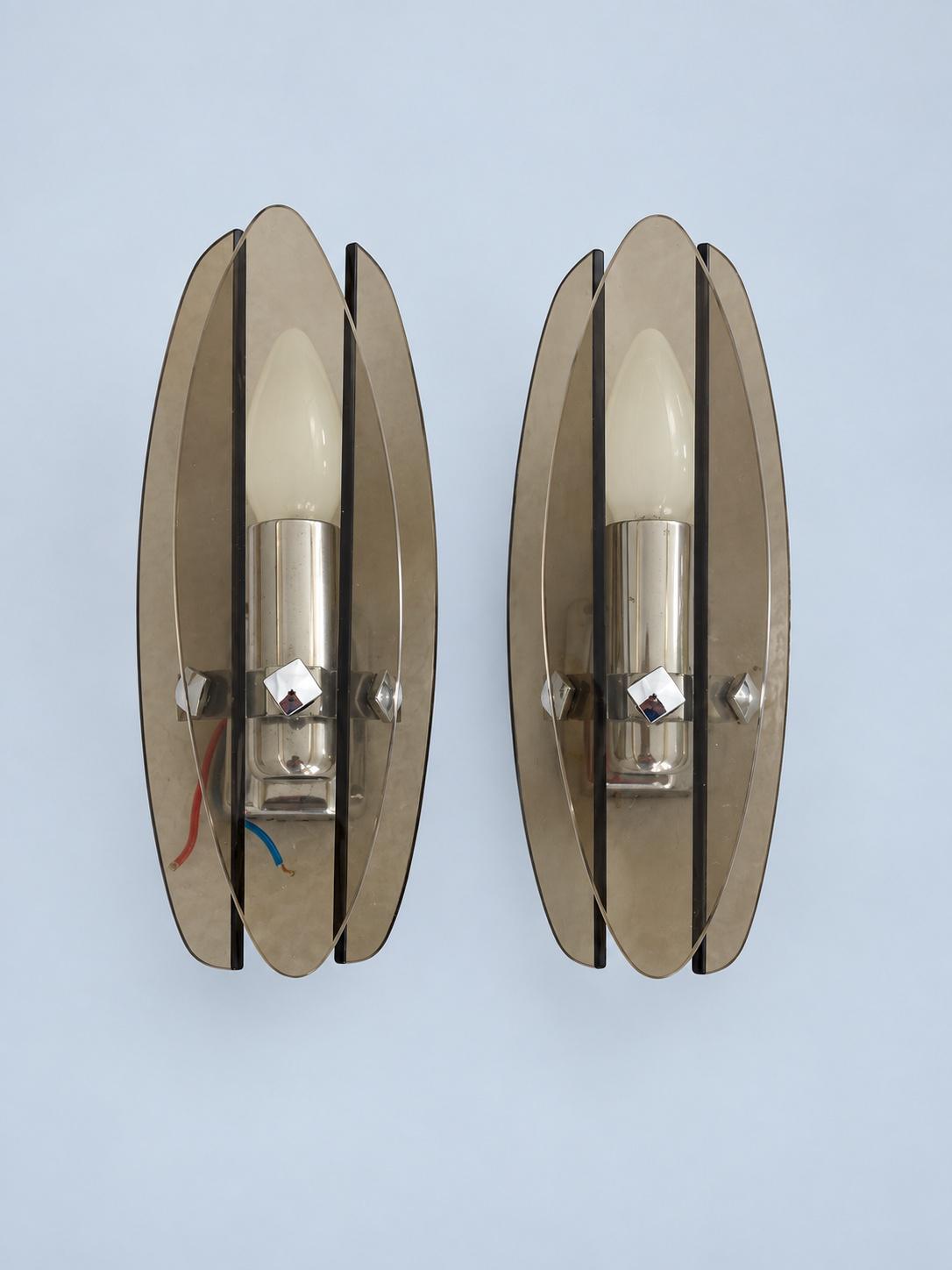 Vintage Pair of Space Age Smoked Glass and Chrome-Tone Wall Sconces
