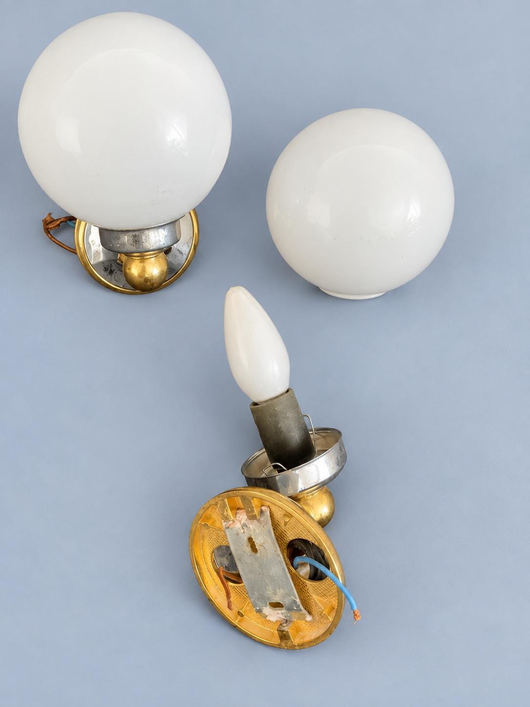 Vintage Pair of Mid-Century Brass-Tone Wall Sconces with White Glass Globes