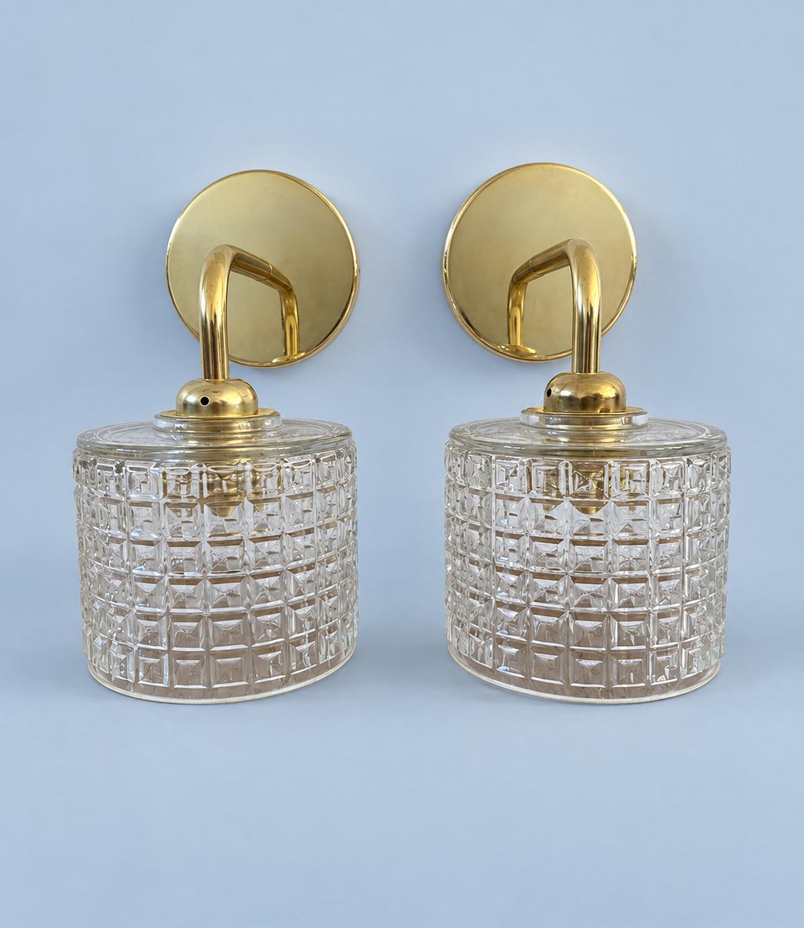 Vintage Pressed Glass Shades on Gold-Tone Wall Sconces, Pair, Newly Mounted