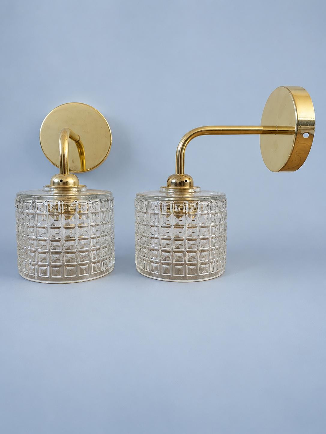 Vintage Pressed Glass Shades on Gold-Tone Wall Sconces, Pair, Newly Mounted