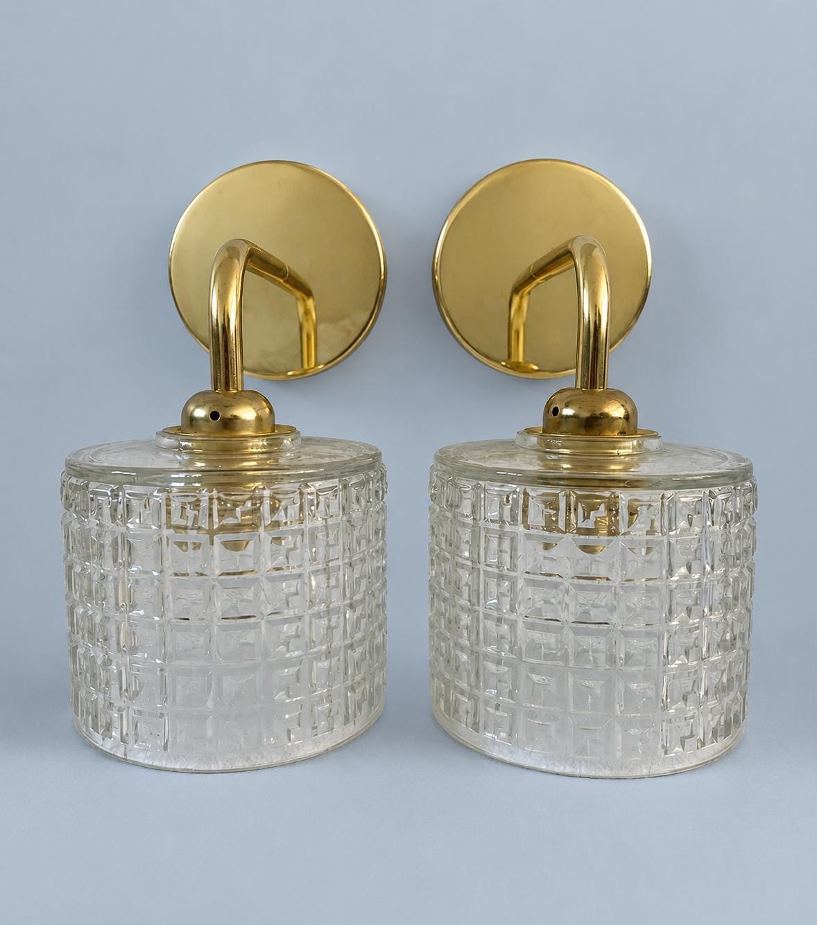 Vintage Pressed Glass Shades on Gold-Tone Wall Sconces, Pair, Newly Mounted