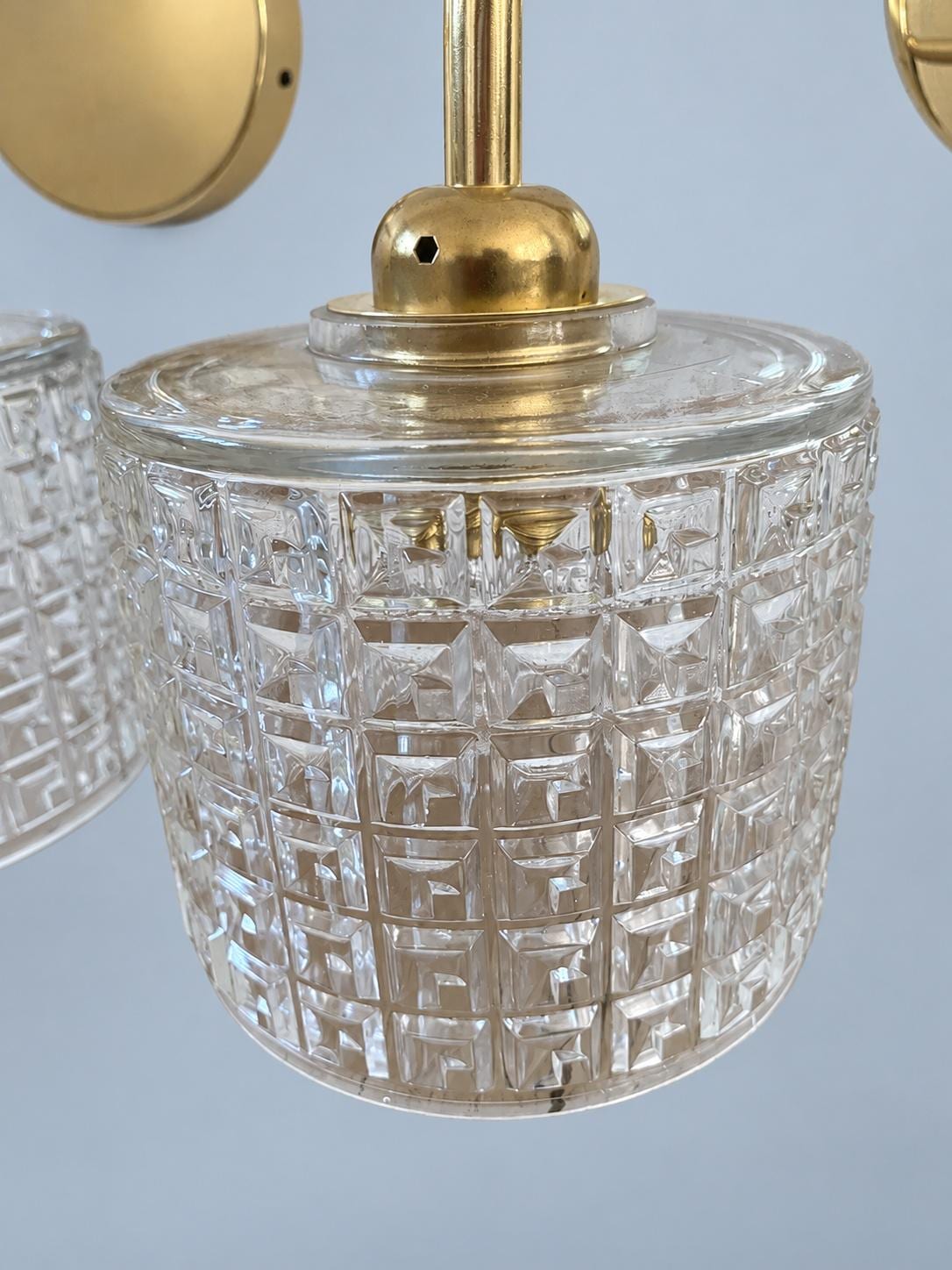 Vintage Pressed Glass Shades on Gold-Tone Wall Sconces, Pair, Newly Mounted