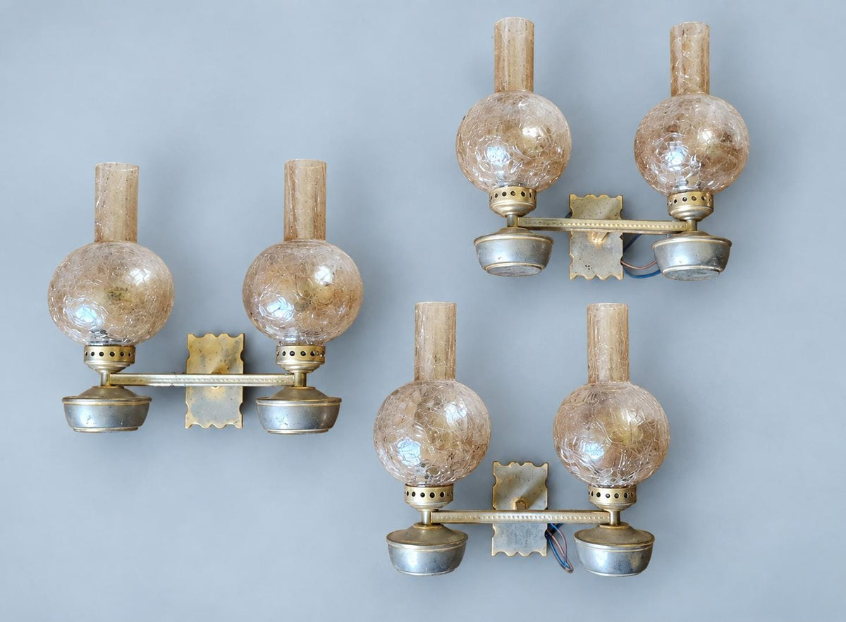 Vintage Set of Three Oil Lamp Style Two-Light Wall Sconces with Crackle Glass Globes and Chimneys, Metal Bowls and Straight Arms