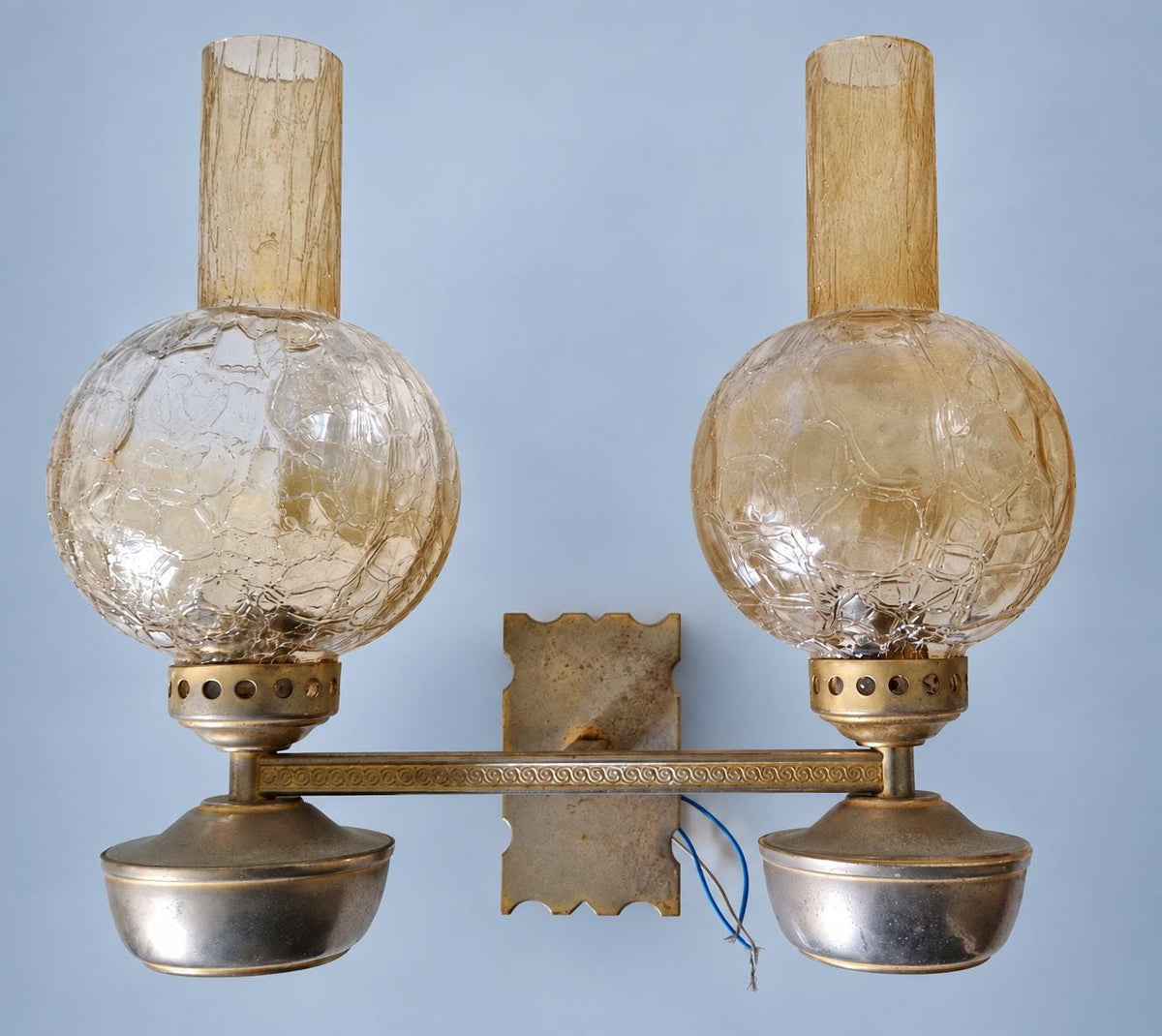 Vintage Set of Three Oil Lamp Style Two-Light Wall Sconces with Crackle Glass Globes and Chimneys, Metal Bowls and Straight Arms