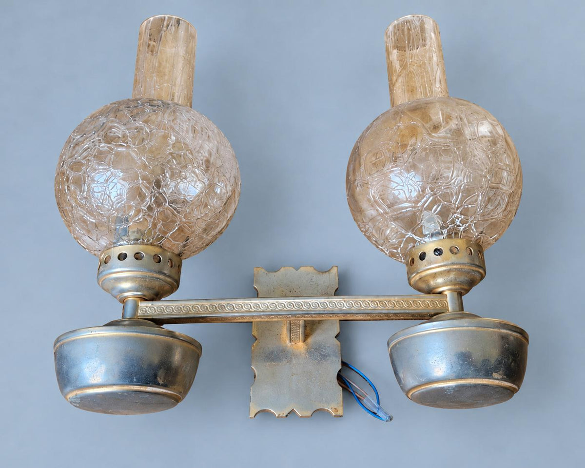 Vintage Set of Three Oil Lamp Style Two-Light Wall Sconces with Crackle Glass Globes and Chimneys, Metal Bowls and Straight Arms