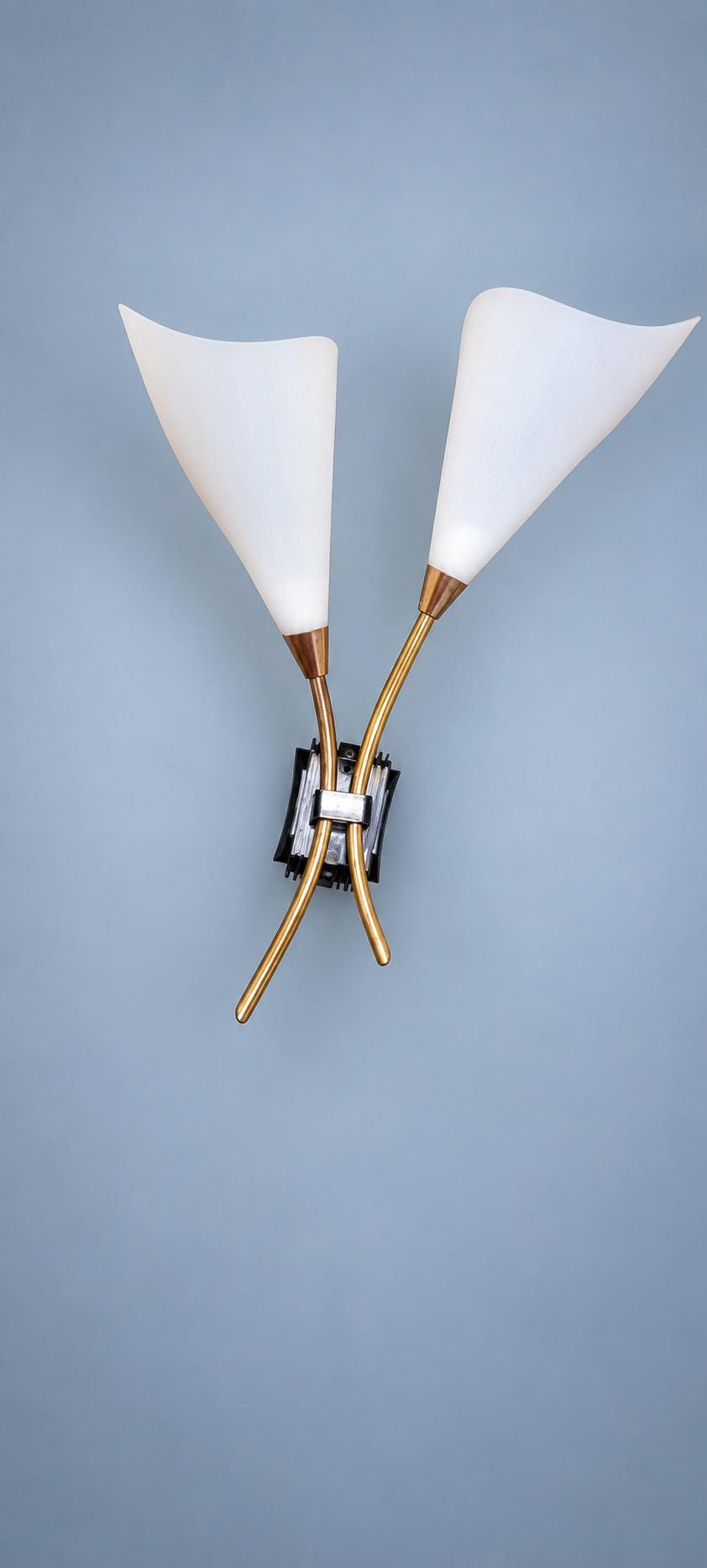 Vintage Pair of 1960s French Calla Lily Wall Sconces with Brass-Tone Stems and White Acrylic Shades