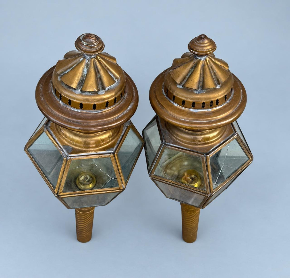 Vintage Pair of Brass-Tone Hexagonal Carriage-Style Wall Lanterns with Glass Panels