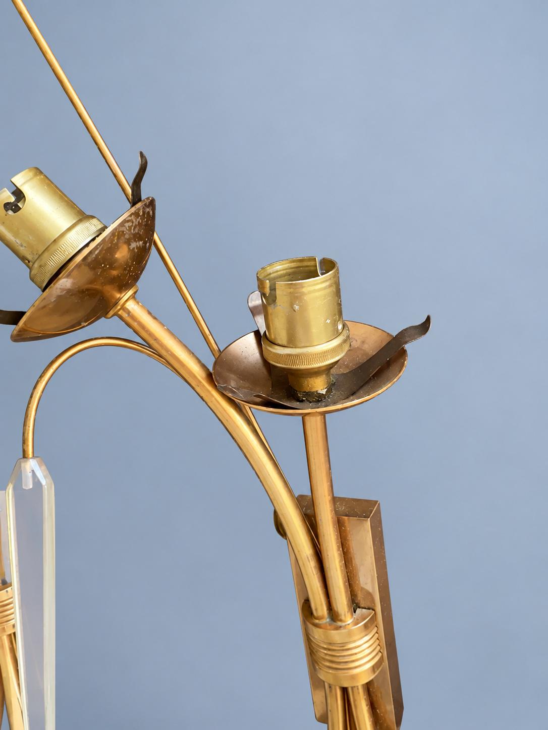 Pair of Vintage Gold-Tone Reed Wall Sconces, Two Arms Each, Clear Plastic Accents, Bare Bayonet Sockets, 50 cm