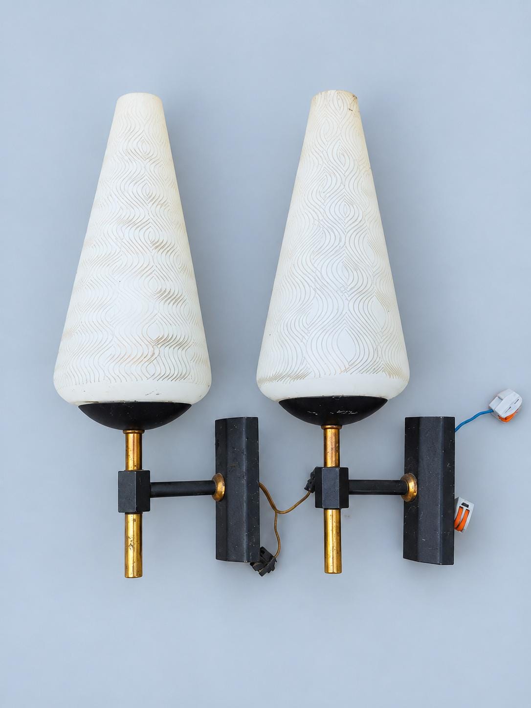 Vintage Pair of 1960s French Black and Brass-Tone Wall Sconces with White Textured Cone Glass Shades