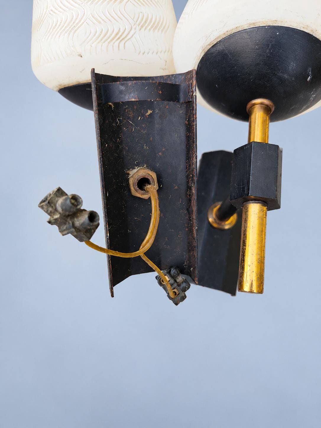 Vintage Pair of 1960s French Black and Brass-Tone Wall Sconces with White Textured Cone Glass Shades