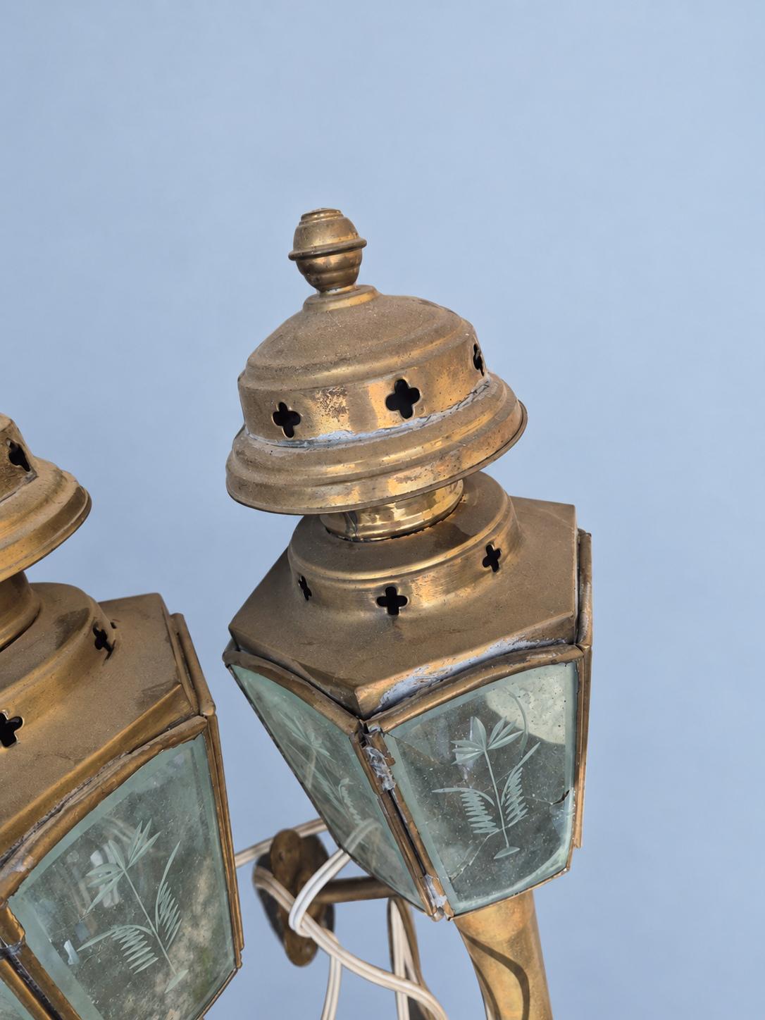 Vintage Pair of Brass-Tone French Fiacre Carriage Wall Lanterns with Etched Wheat Glass Panels