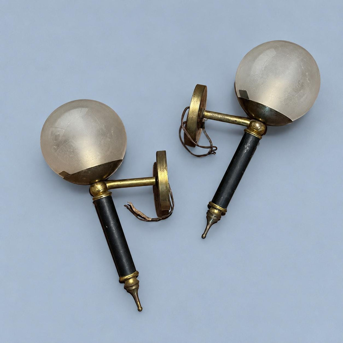 Vintage Pair of French Black and Brass-Tone Torch Wall Sconces with Glass Globes