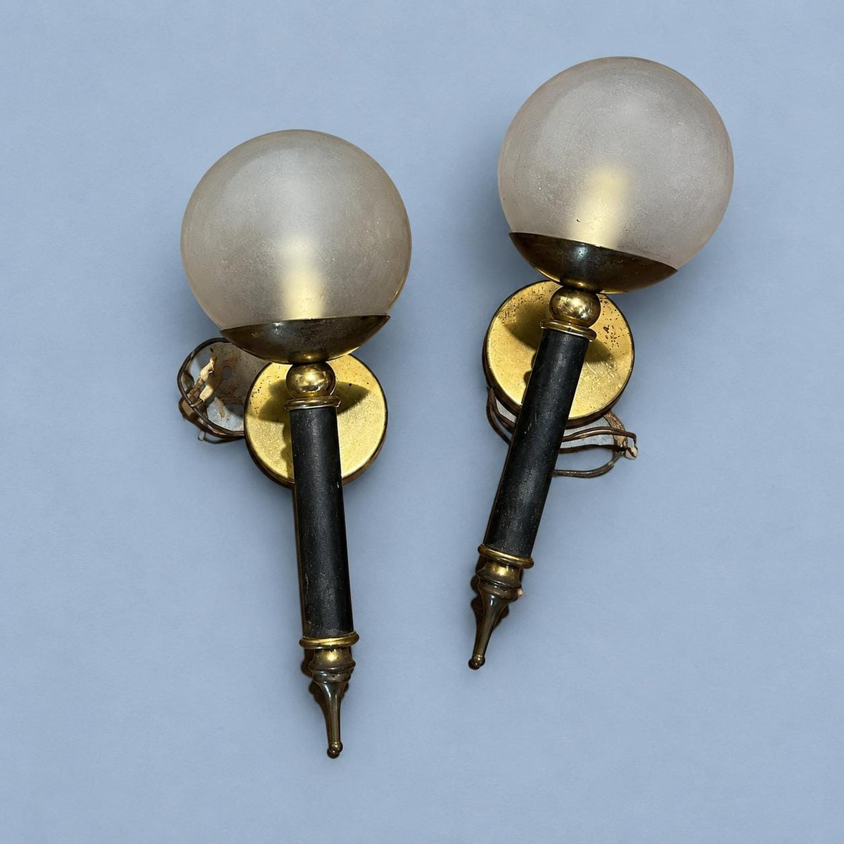 Vintage Pair of French Black and Brass-Tone Torch Wall Sconces with Glass Globes