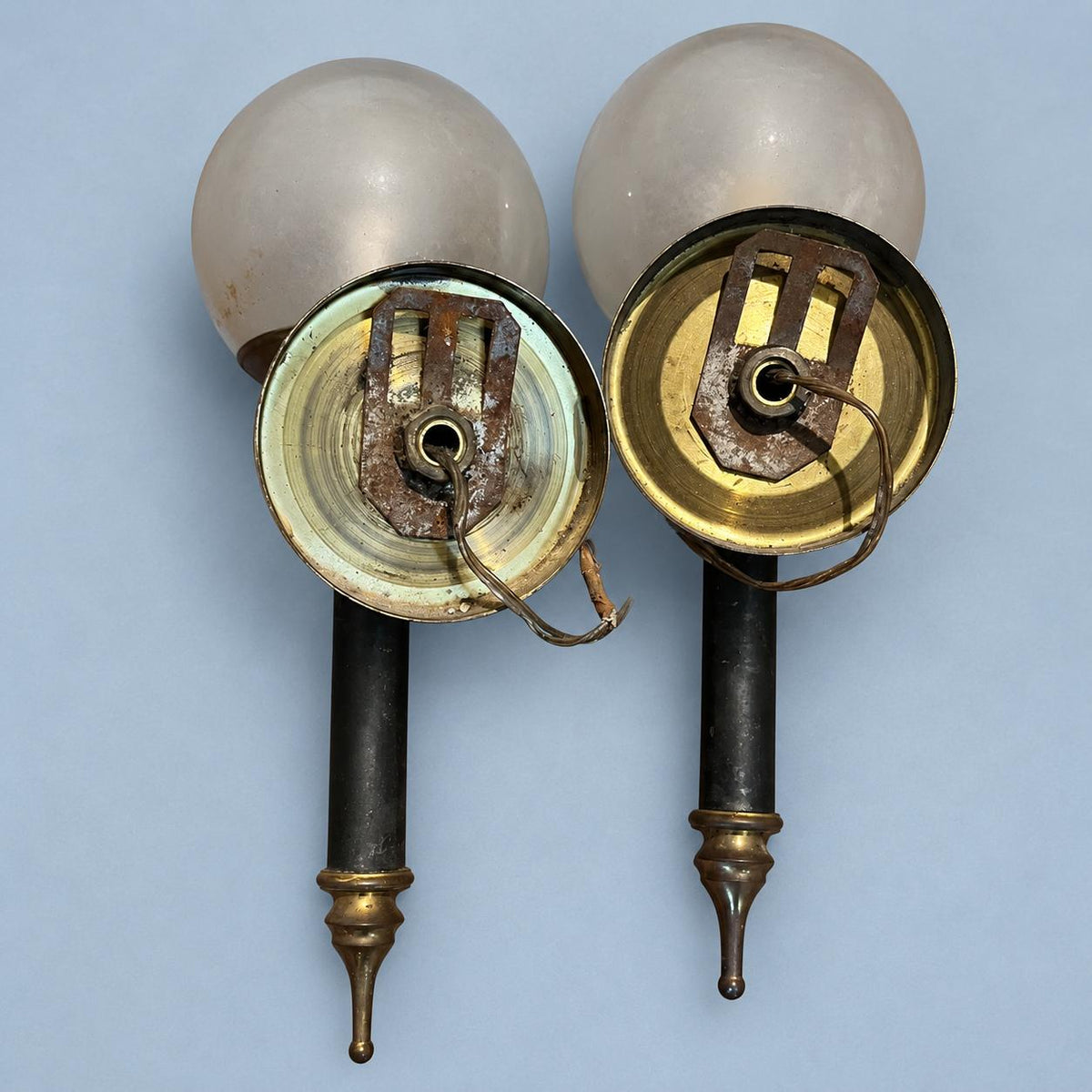 Vintage Pair of French Black and Brass-Tone Torch Wall Sconces with Glass Globes
