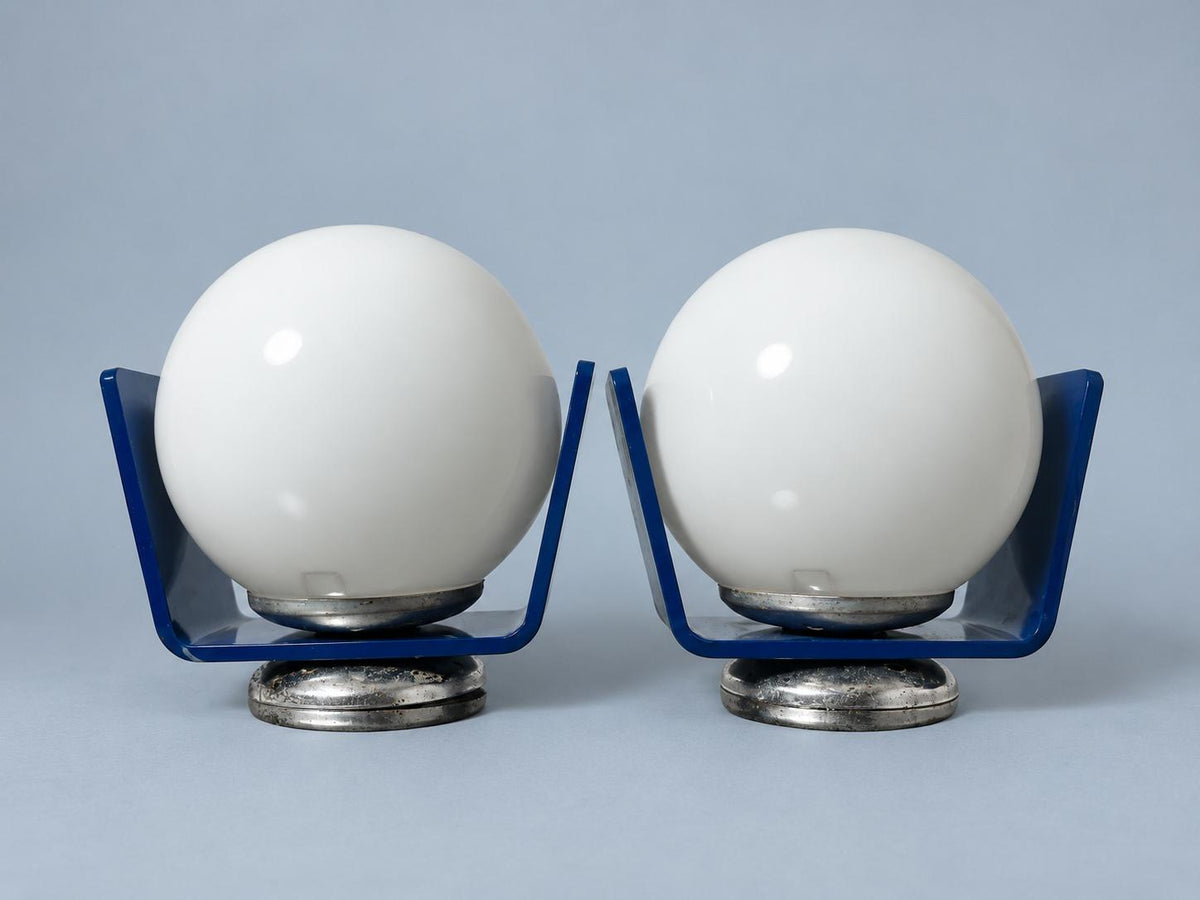 Vintage Pair of 1970s Space Age Wall Lights with White Glass Globes in Blue Acrylic Cradles