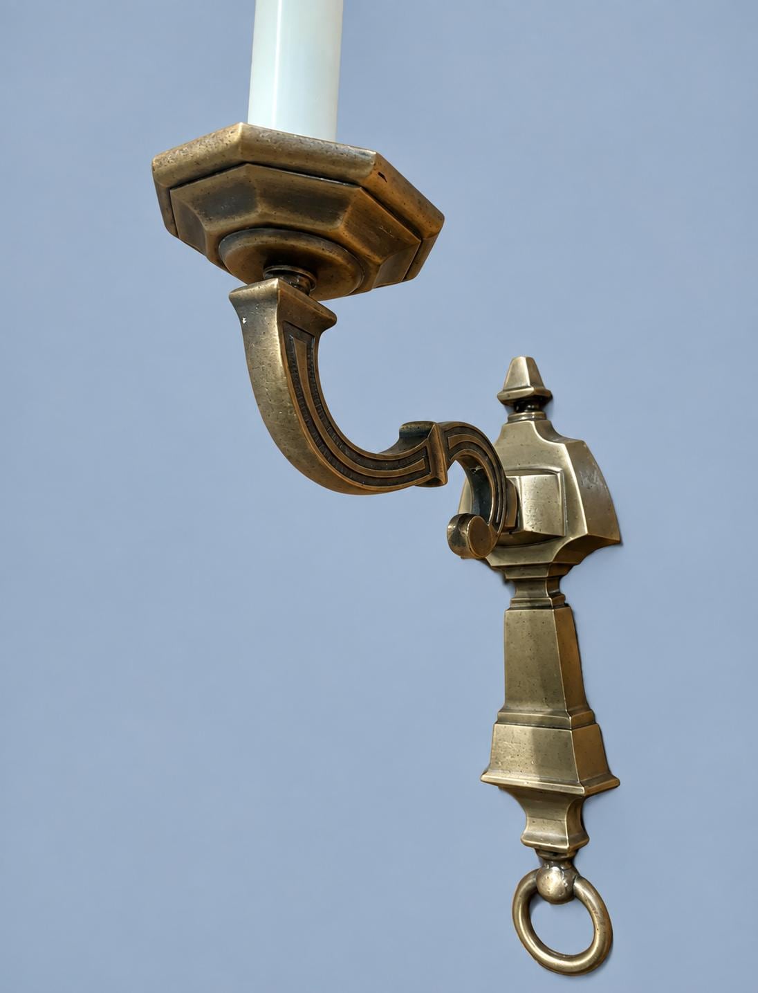 Pair of Antique Style Single-Arm Wall Sconces, Faceted Backplates, Octagonal Drip Pans and Hanging Ring Finials