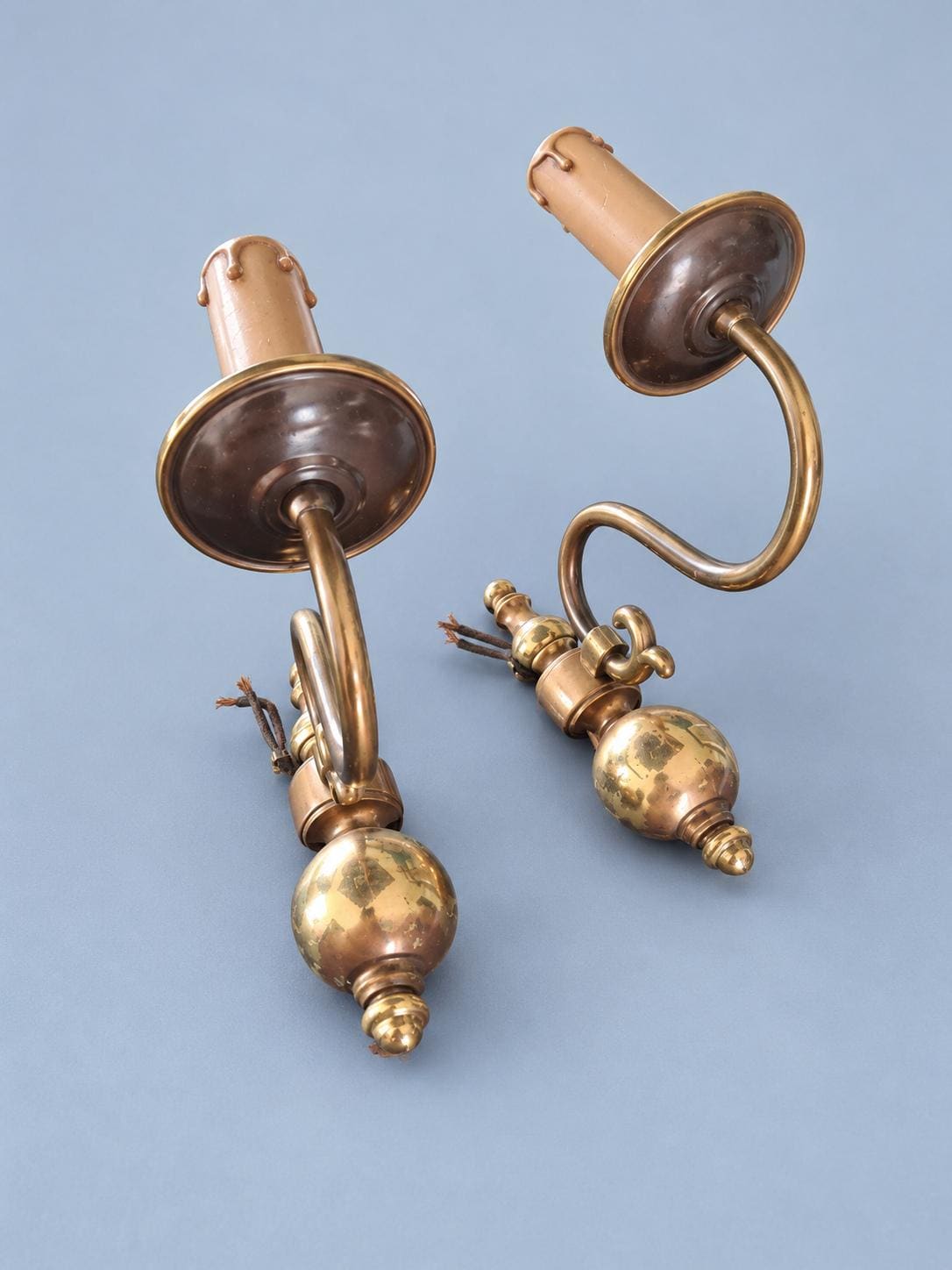 Vintage Pair of Flemish Style Brass-Tone Single-Arm Wall Sconces with Polished Ball
