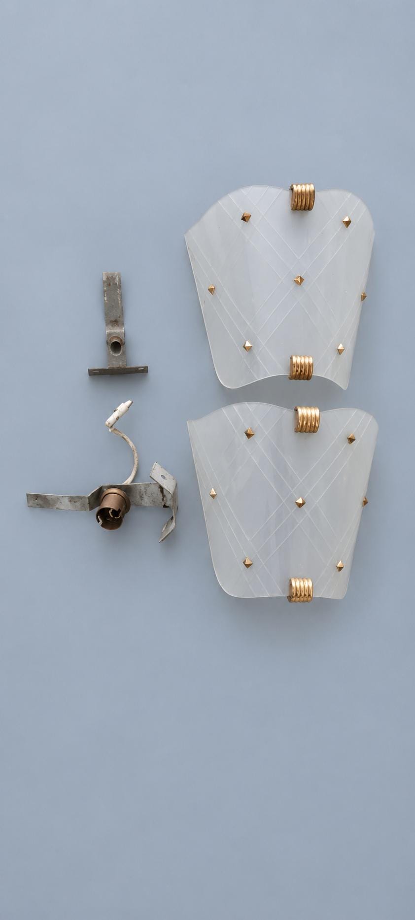 Vintage Pair of 1950s–60s French Wall Sconces with Folded White Acrylic Shades and Copper-Tone Clips